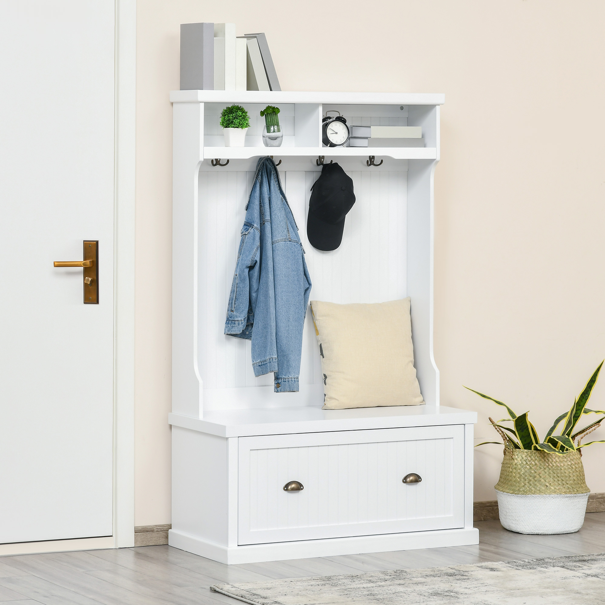 HOMCOM 3-in-1 Entryway Elegance: Modern Hall Tree Coat Rack with Shoe Storage Bench and Hooks for Bedroom, White Finish Aosom Canada