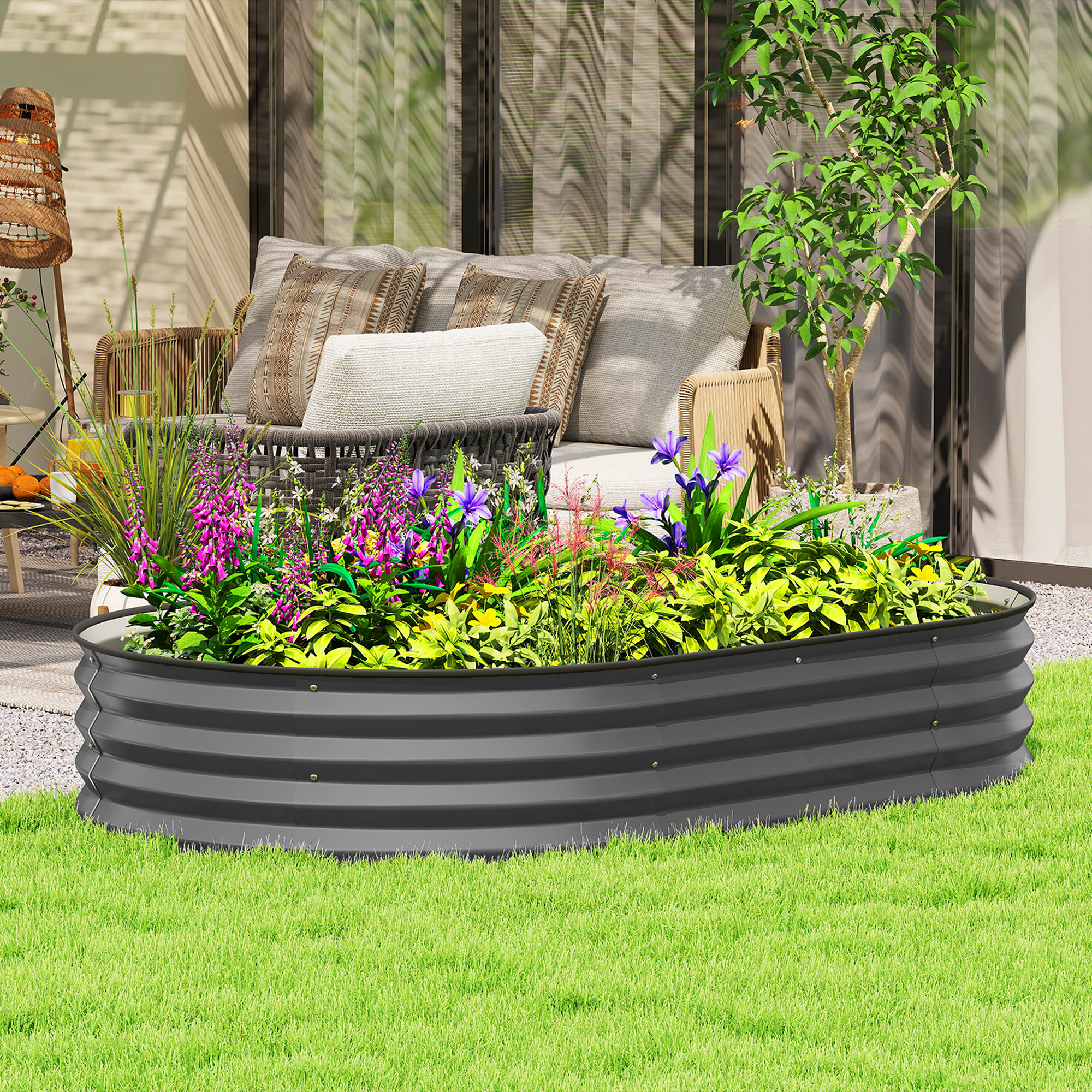 Outsunny 5' x 3' x 1' Large Outdoor Planter Box, Galvanized Raised Garden Bed with Metal Plant Stake, Dark Grey Aosom Canada