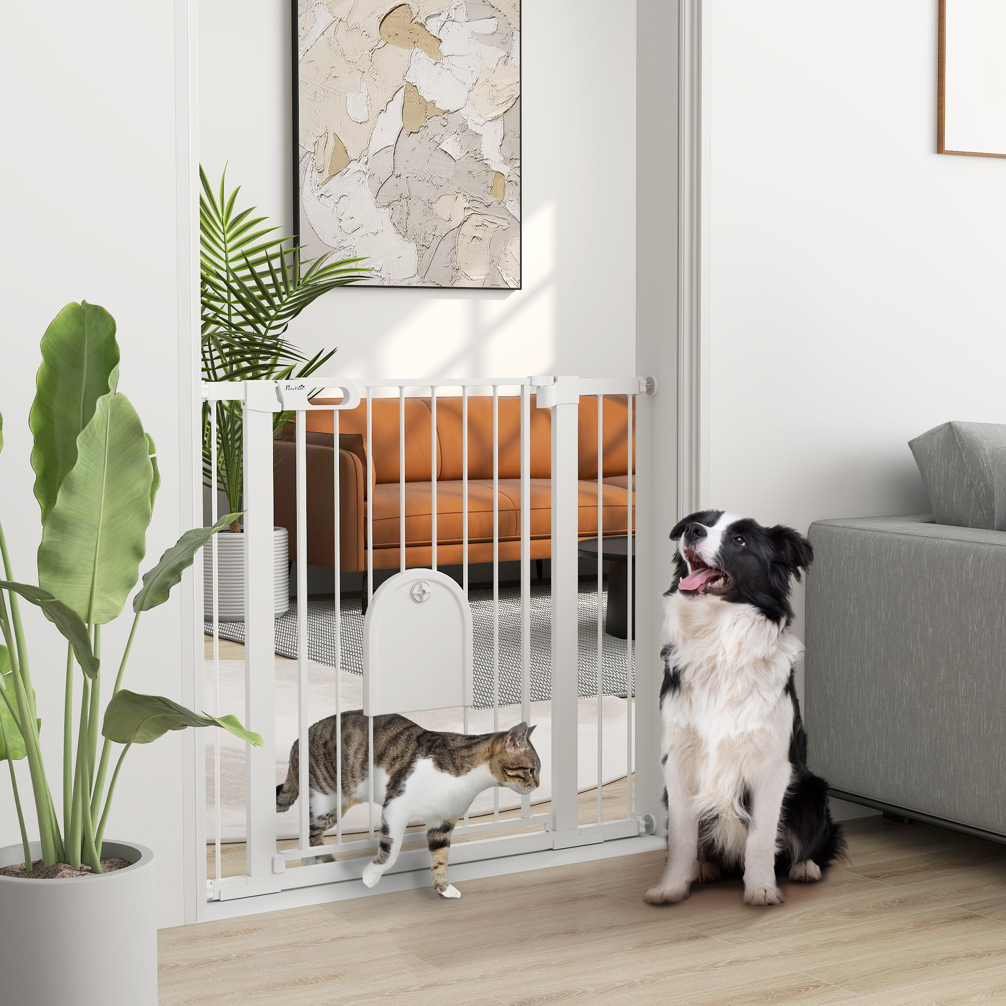 PawHut 30"-41" Extra Wide Pet Gate Barrier with Small Door, 35"H Dog Gate with Safety Gate Barrier, Stair Pressure Fit, White Aosom Canada