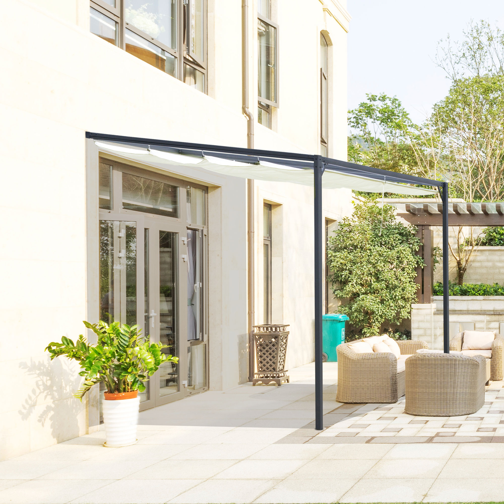 Outsunny Outdoor Pergola Gazebo 10'x10' with Retractable Canopy Metal Frame PA Coated Sun Shelter Cream White Aosom Canada