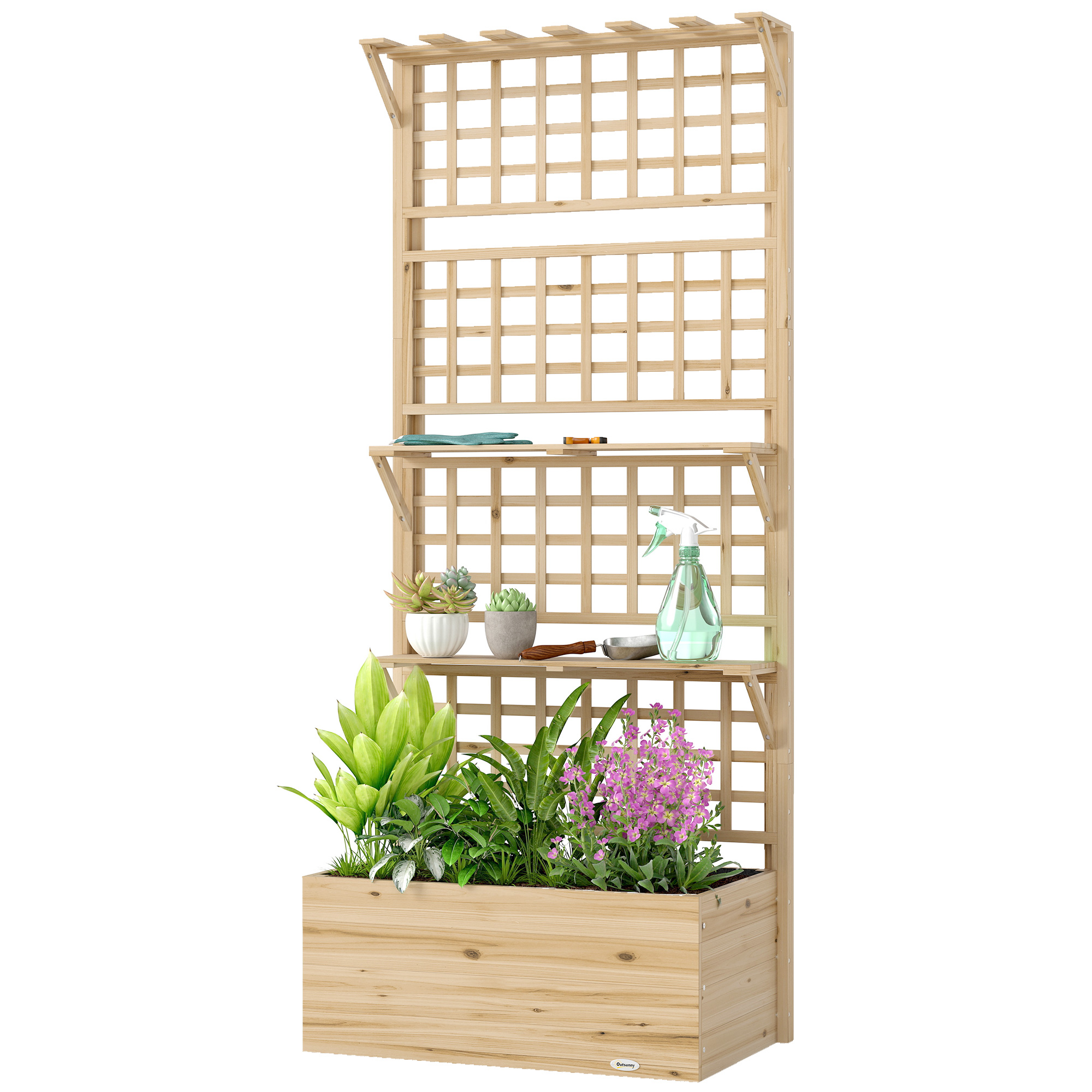 Outsunny Wooden Raised Garden Bed with Trellis and Roof, Elevated Planter Box with 2 Shelves, Drainage Hole and Liner, Natural