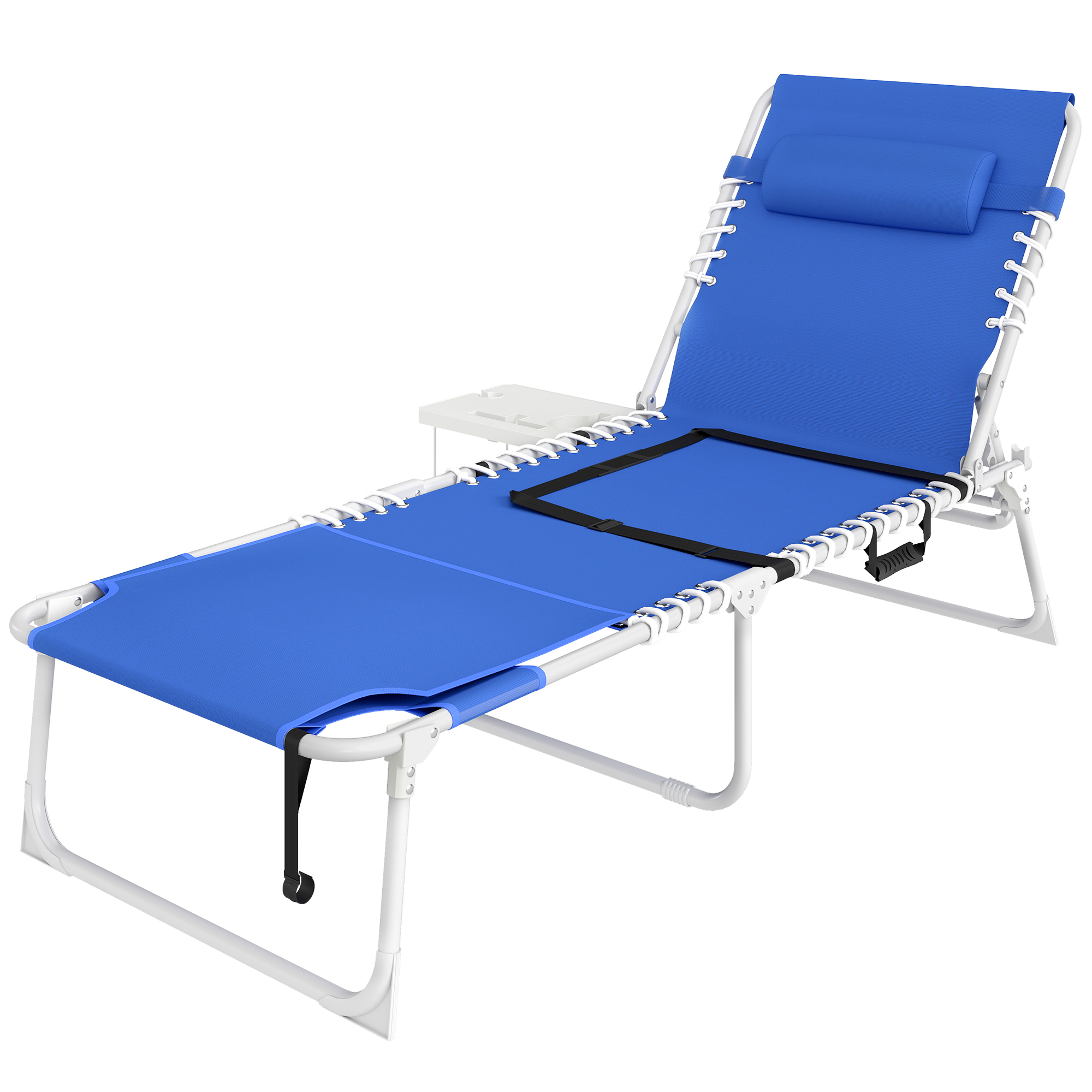Outsunny Tanning Chair with Face Hole and Side Table, 5-Position Folding Outdoor Chaise Lounge Chair, Navy Blue