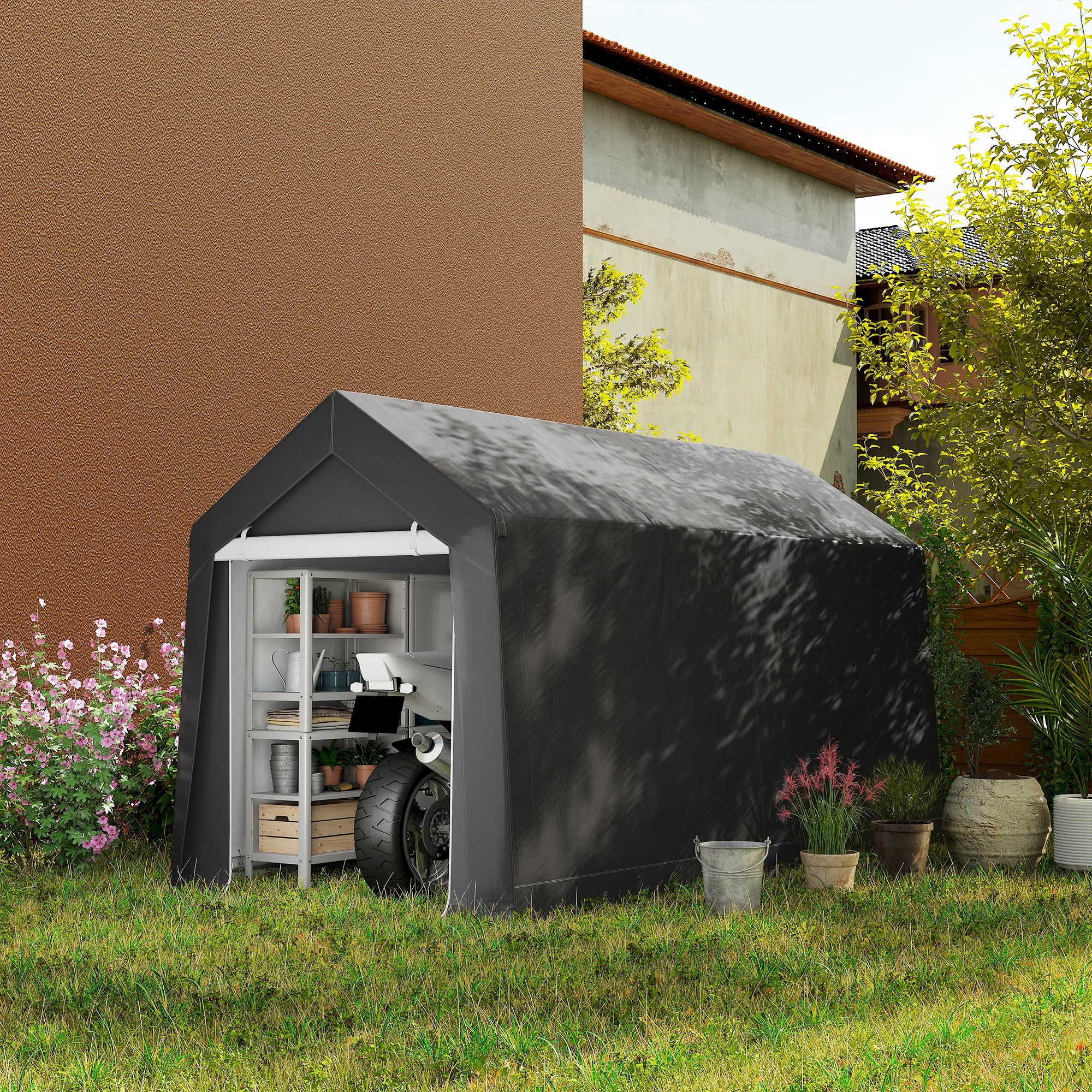 Outsunny 7' x 12' Outdoor Storage Shed Portable Garage with Roll-up Door for Motorcycle, Bike, Garden Tools, Dark Grey Aosom Canada