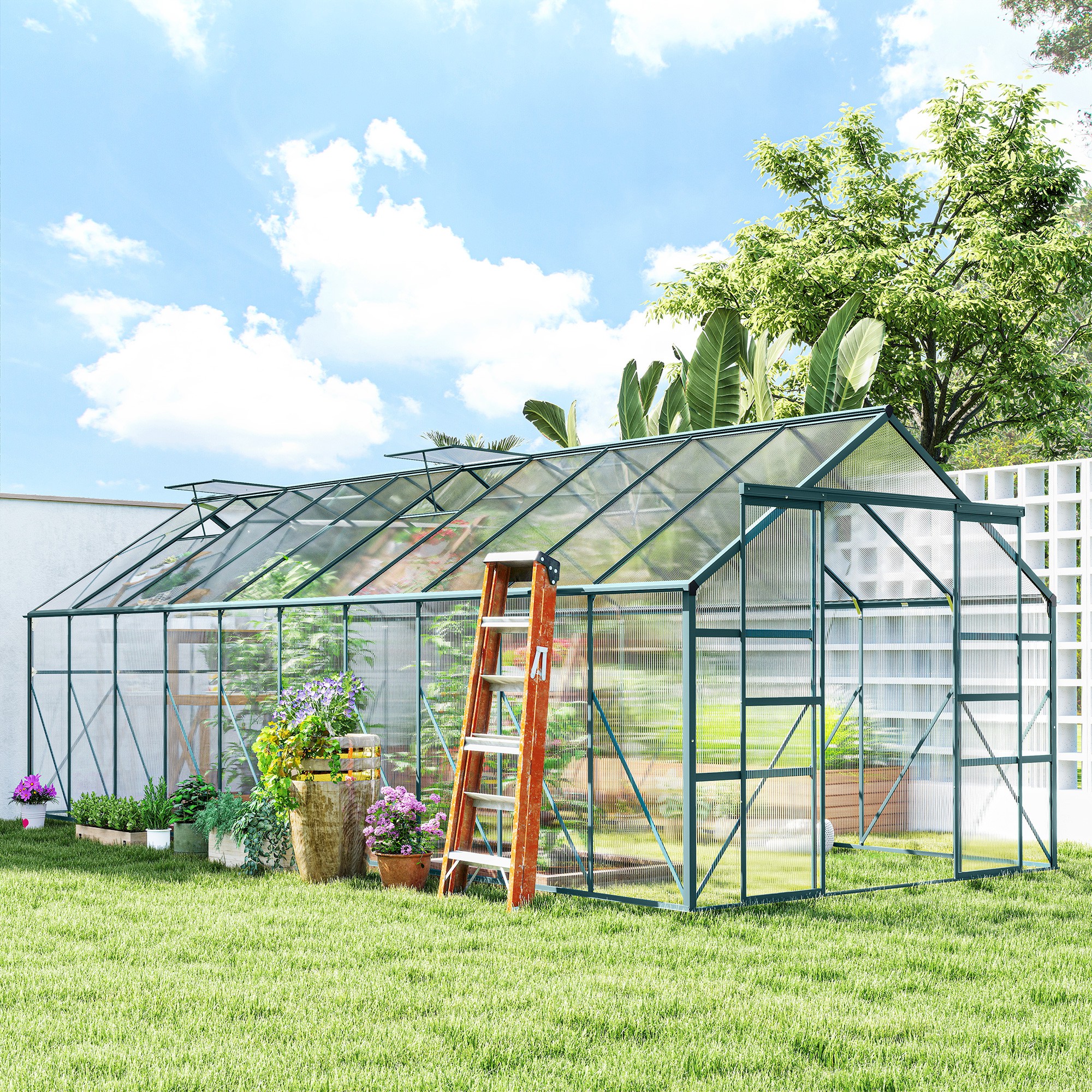 Outsunny Aluminum Greenhouse Polycarbonate Walk-in Garden Greenhouse with Sliding Door, 20' x 8', Green Aosom Canada