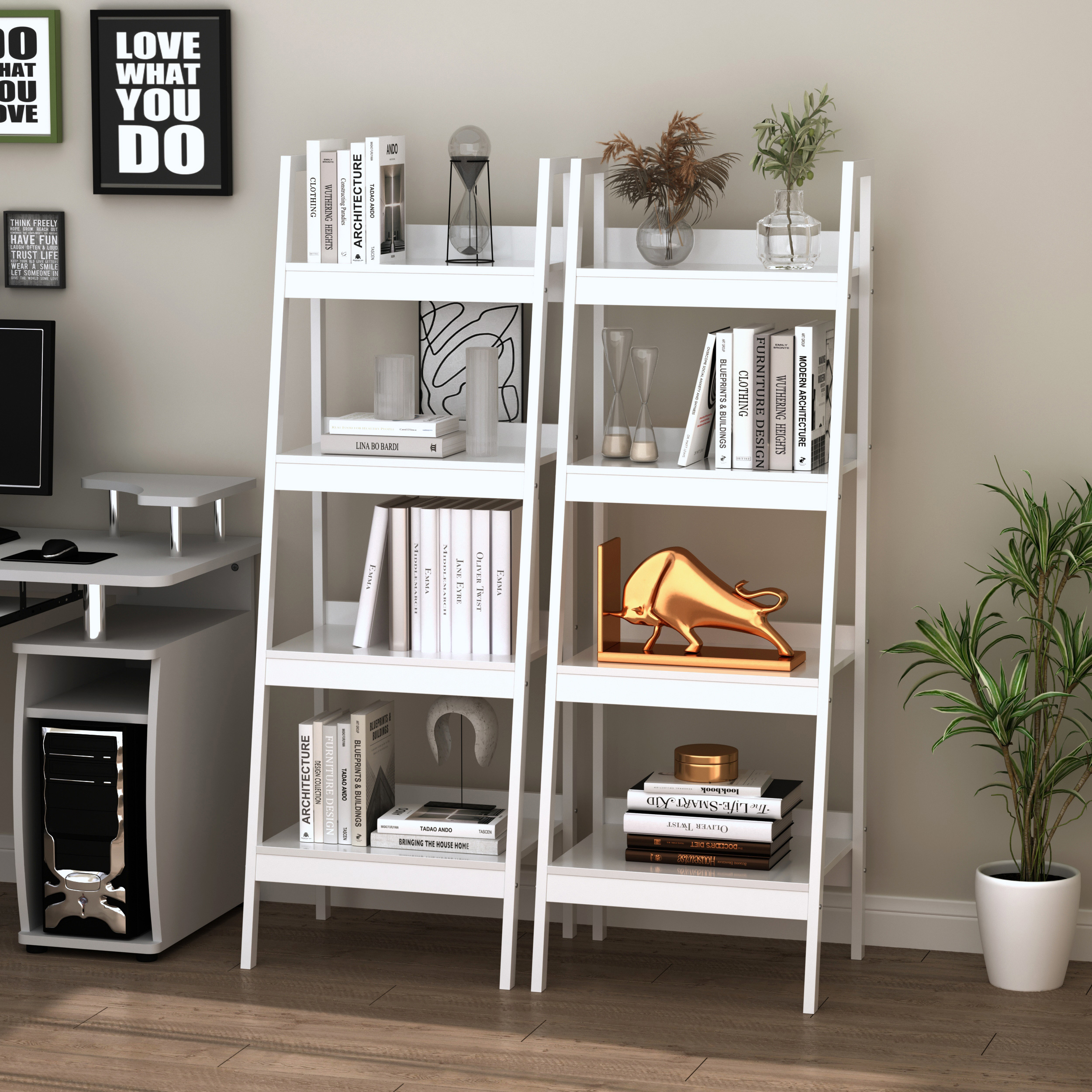 HOMCOM 4 Tier Ladder Shelf Bookcase Set of 2 White Display Rack Storage Shelving Unit Flower Plant Stand Multi-Use Aosom Canada
