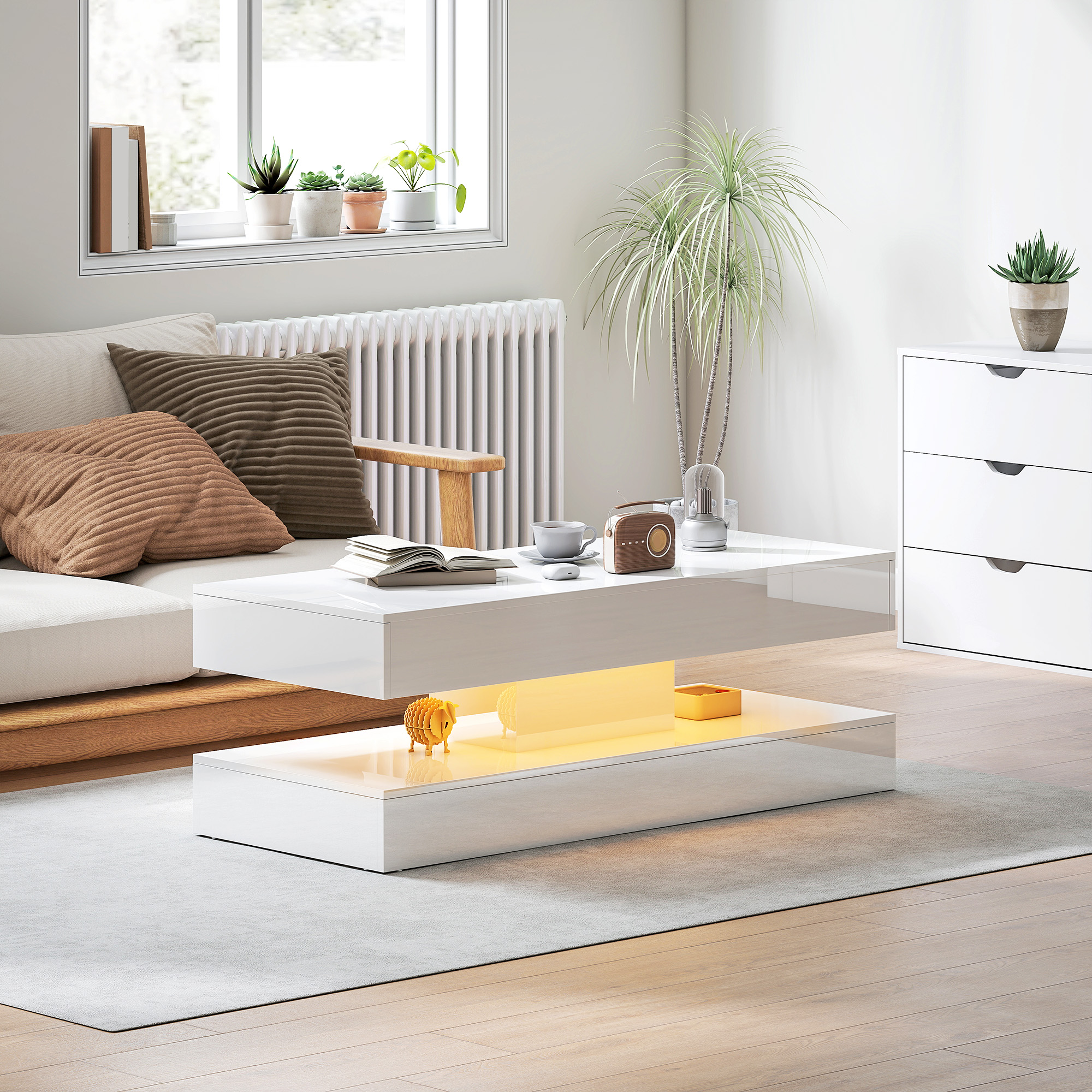 HOMCOM Coffee Table with Adjustable LED Lights, Modern Living Room Table with 2 Drawers, Open Shelf, Remote, High Gloss White Aosom Canada