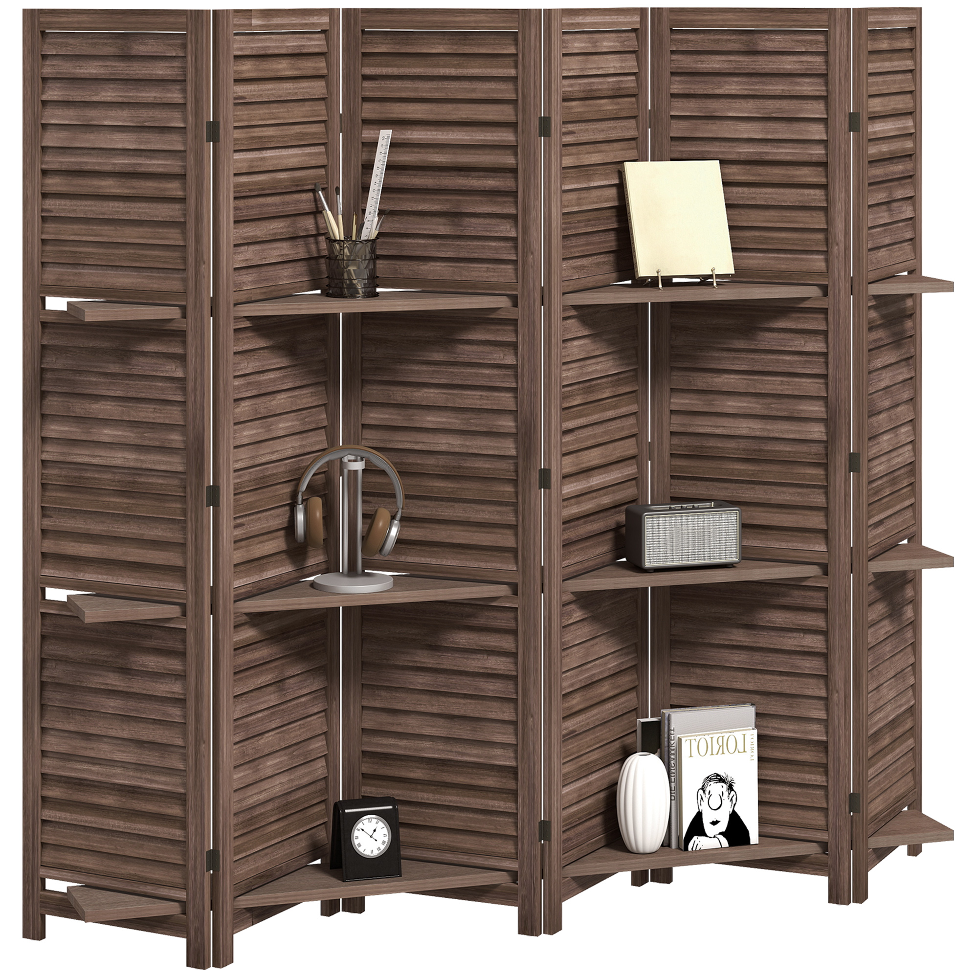 "HOMCOM 6 Panel 67"" Tall Wood Privacy Screen Room Divider with 3 Shelves and Folding Storage for Bedroom, Walnut"