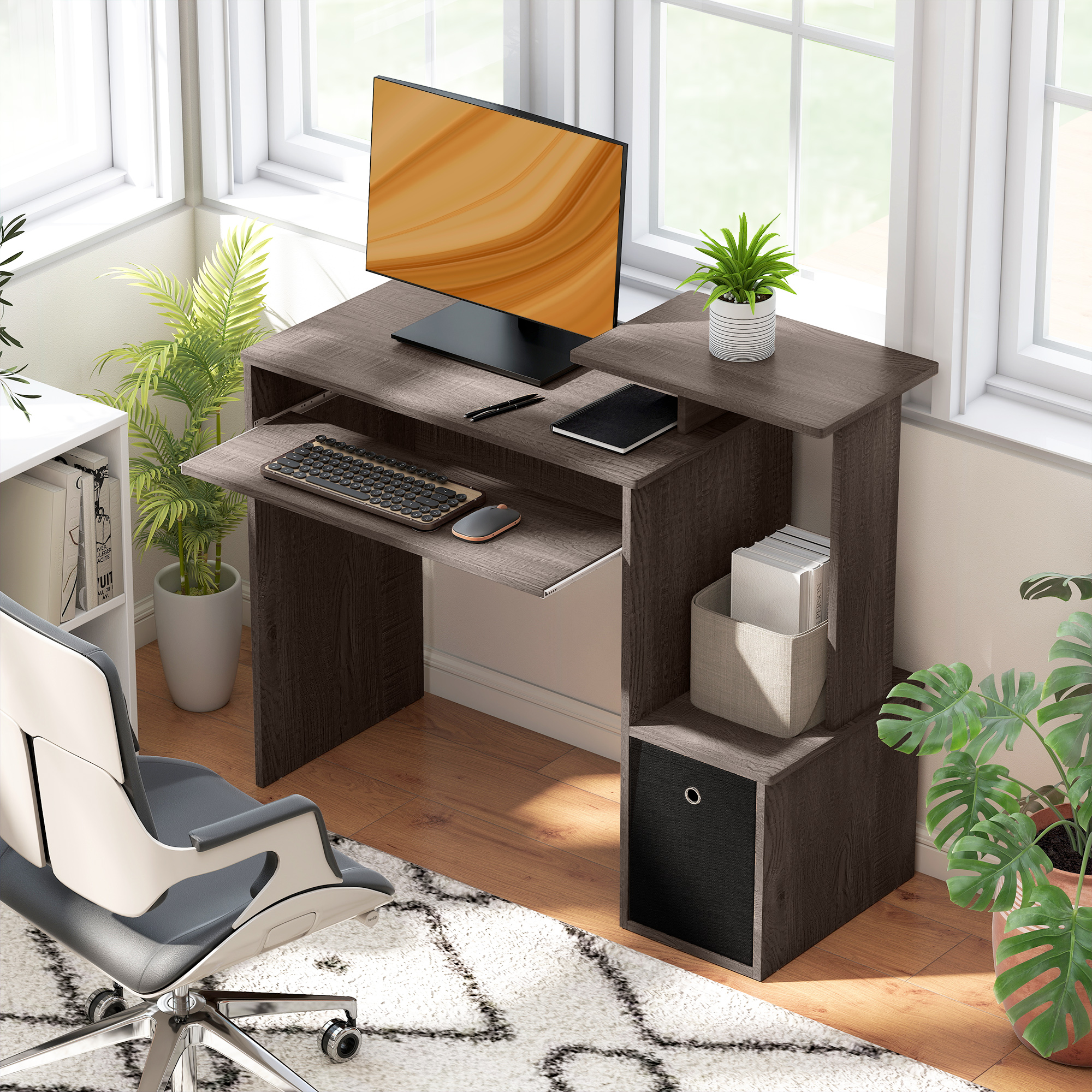 HOMCOM Grey Office Desk with Sliding Keyboard Tray and Storage Drawer Shelf for Efficient Home Workstation Setup Aosom Canada