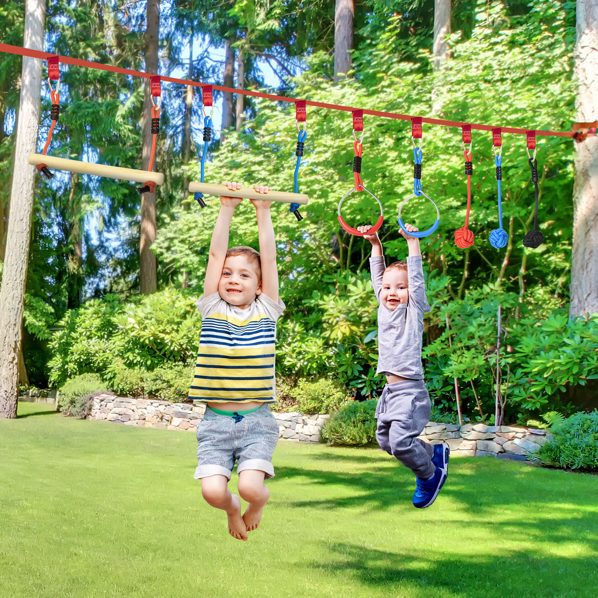 Outsunny Ninja Slackline Set, 30-Piece, 10m Rope with Obstacles, Climbing Frame, Playset Equipment for Children Aged 3-6 Aosom Canada