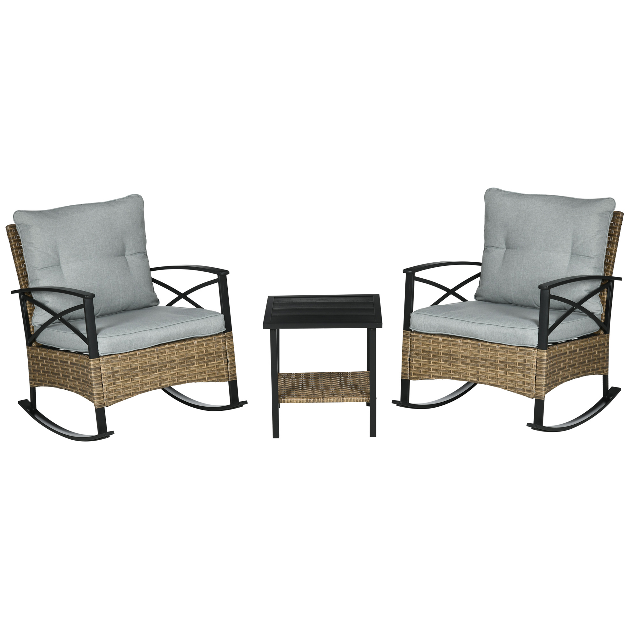Outsunny 3 Piece Patio Rocking Chair Set, Outdoor Wicker Bistro Set with 2 Oversize Cushioned Porch Rockers and 2 Tier Coffee Table for Garden, Backya