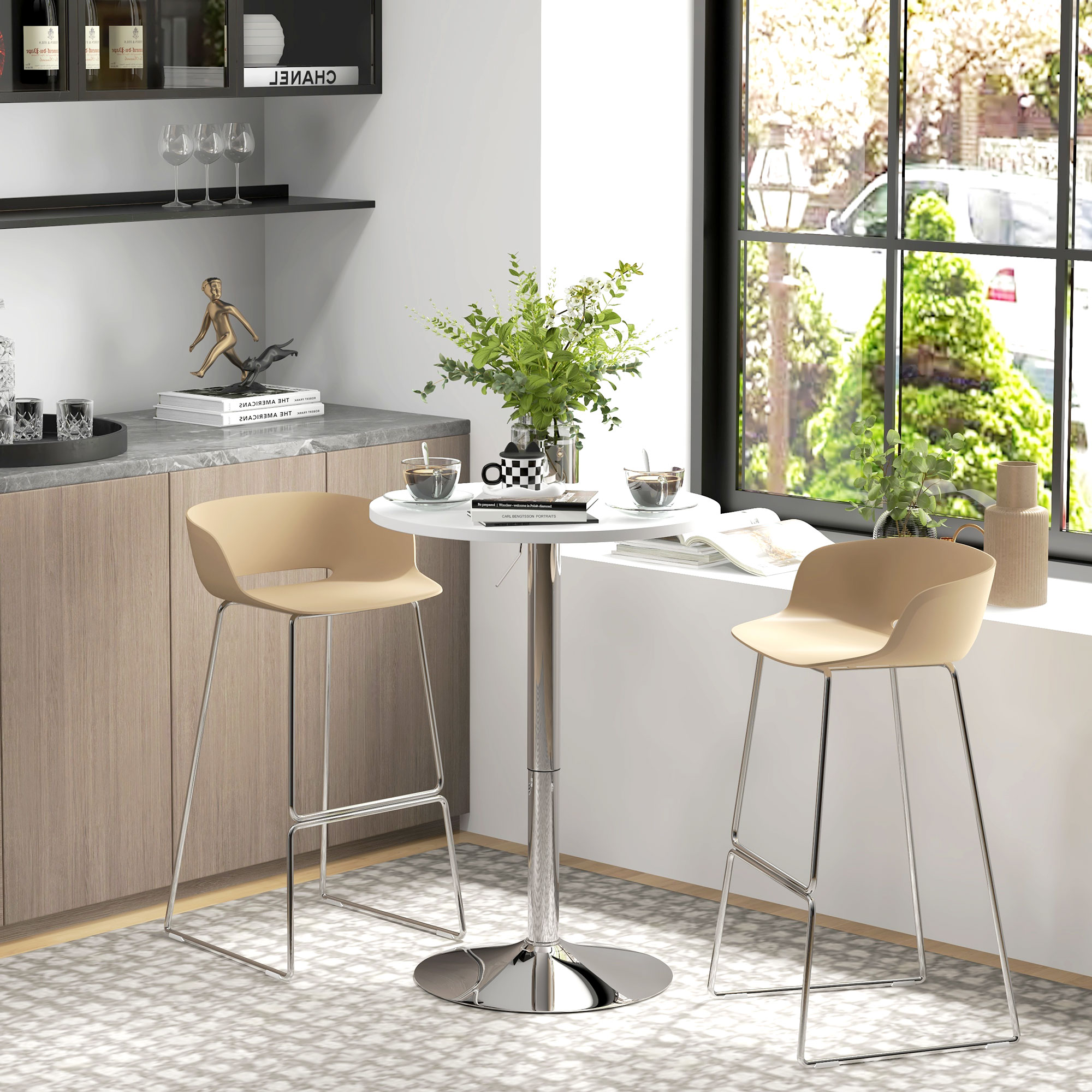 HOMCOM Bar Table Adjustable Height Round Bistro Style with Sturdy Steel Base and Foot Rail for 2 People White Aosom Canada
