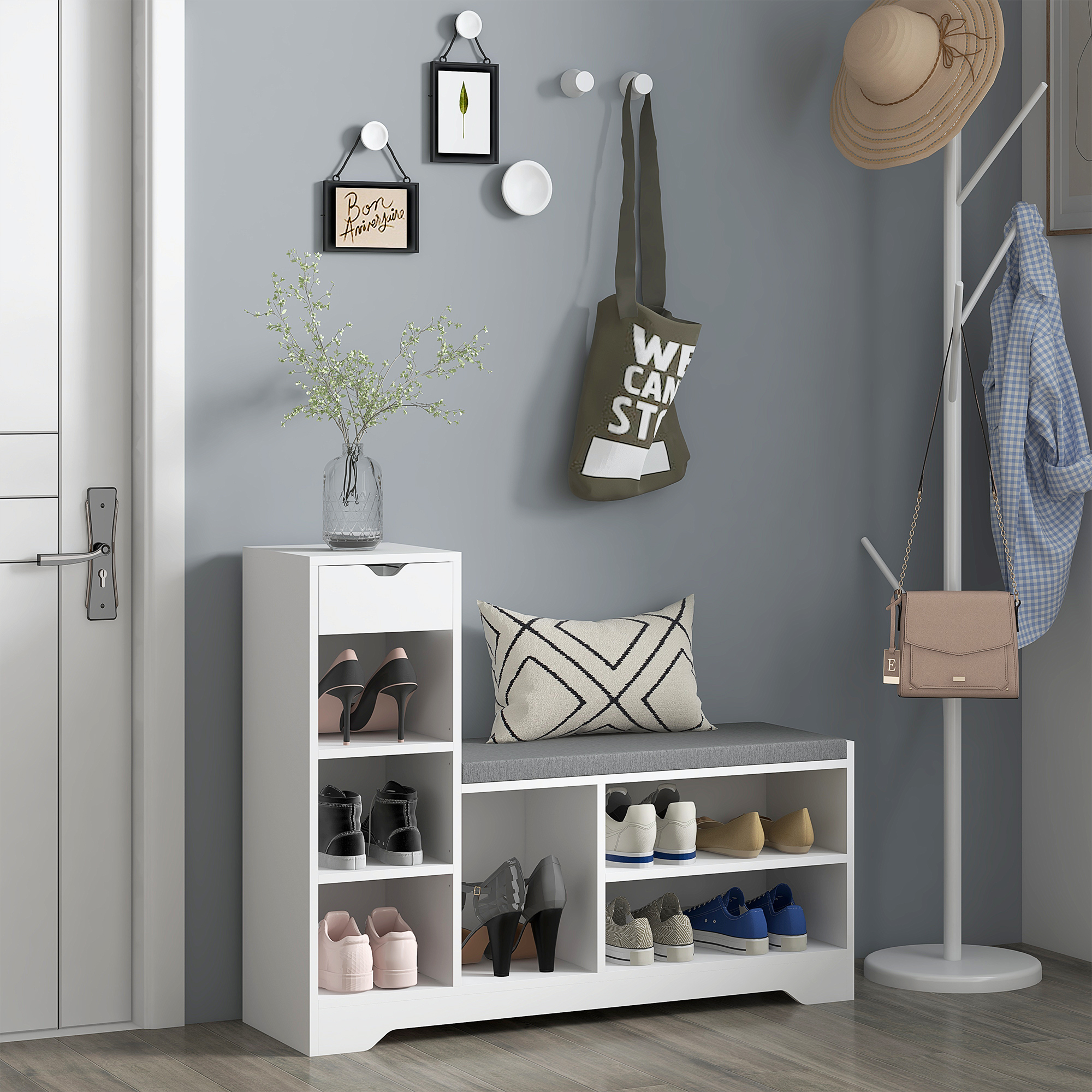 HOMCOM Shoe Serenity: Storage Bench with Seat Drawer, 6 Open Shelves, Upholstered Entrance Bench for Hallway Aosom Canada