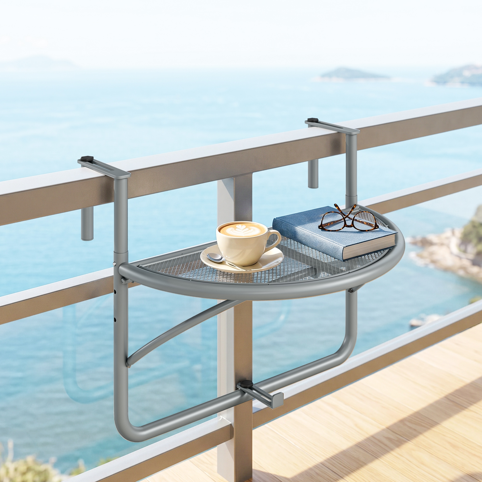 Outsunny Balcony Bliss: Hanging Rail Table, Adjustable Metal Wall Desk, Outdoor Storage Rack, Flower Stand, Serving Table, Grey Aosom Canada