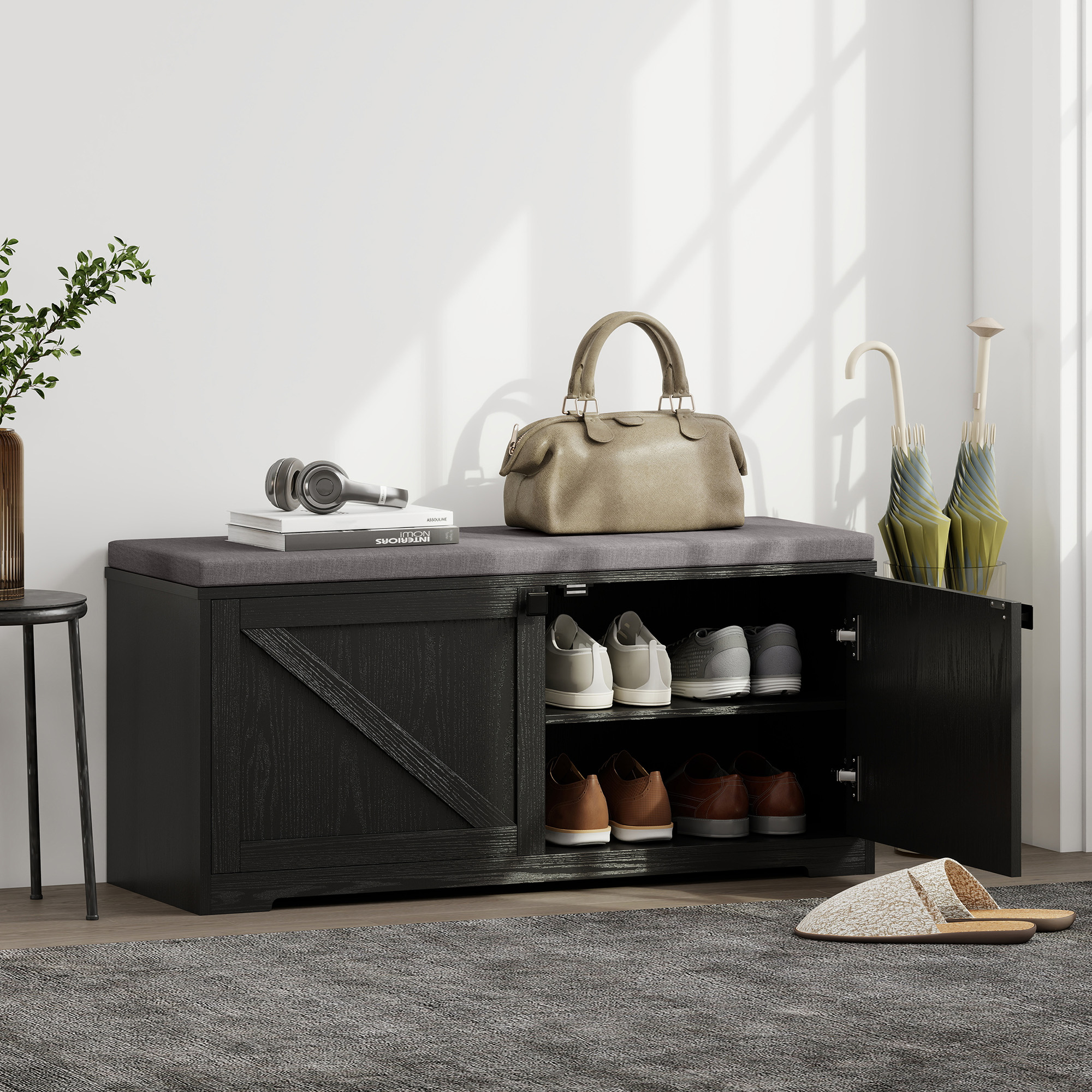 HOMCOM Shoe Storage Bench with Padded Seat, Entryway Bench Holds up to 352 lb, Shoe Organizer, 8 Pairs, Black Wood Grain Aosom Canada