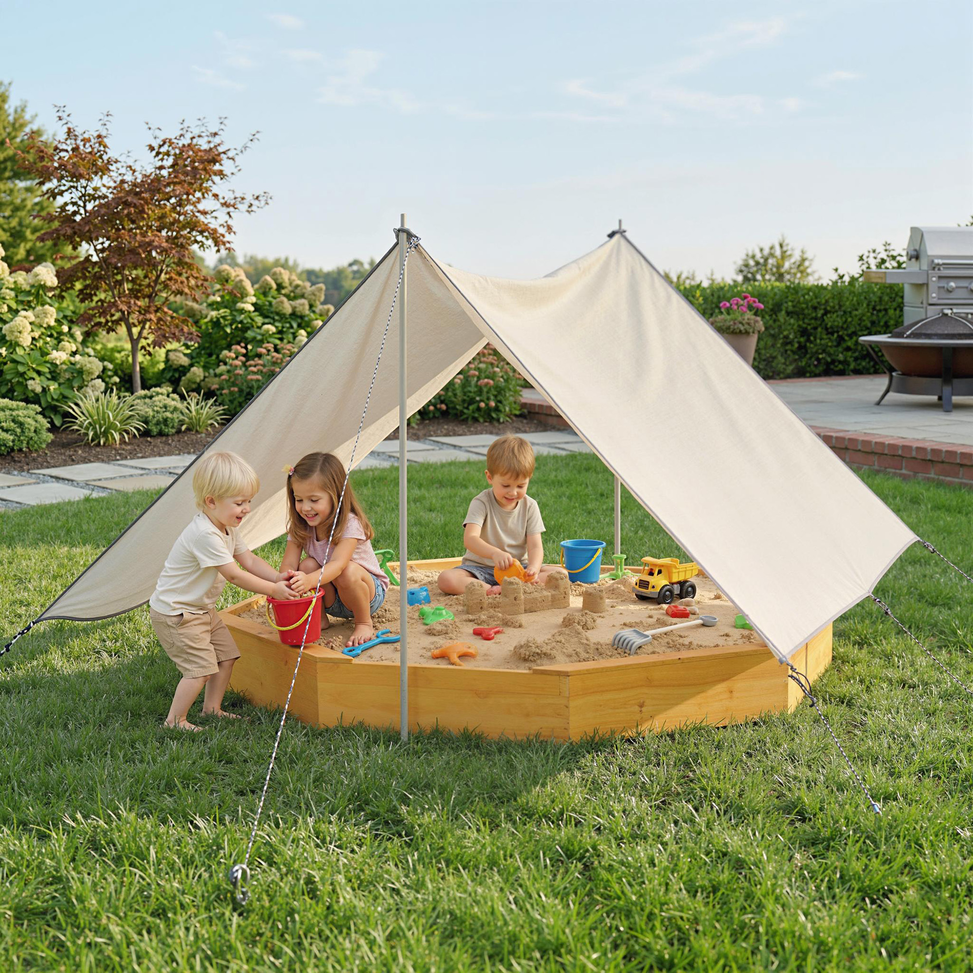 Qaba Wooden Kids Wooden Sandbox with Large Canopy, Outdoor Sand Box with 4 Bench Seats, Bottom Liner for Aged 3-8, Yellow Aosom Canada