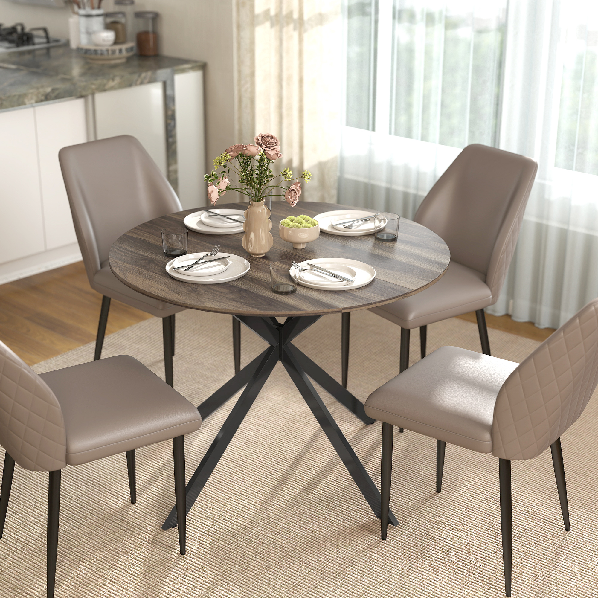HOMCOM 40" Round Kitchen Table for 4, Industrial Dining Table with X-Shaped Steel Legs for Dining Room, Distressed Brown Aosom Canada