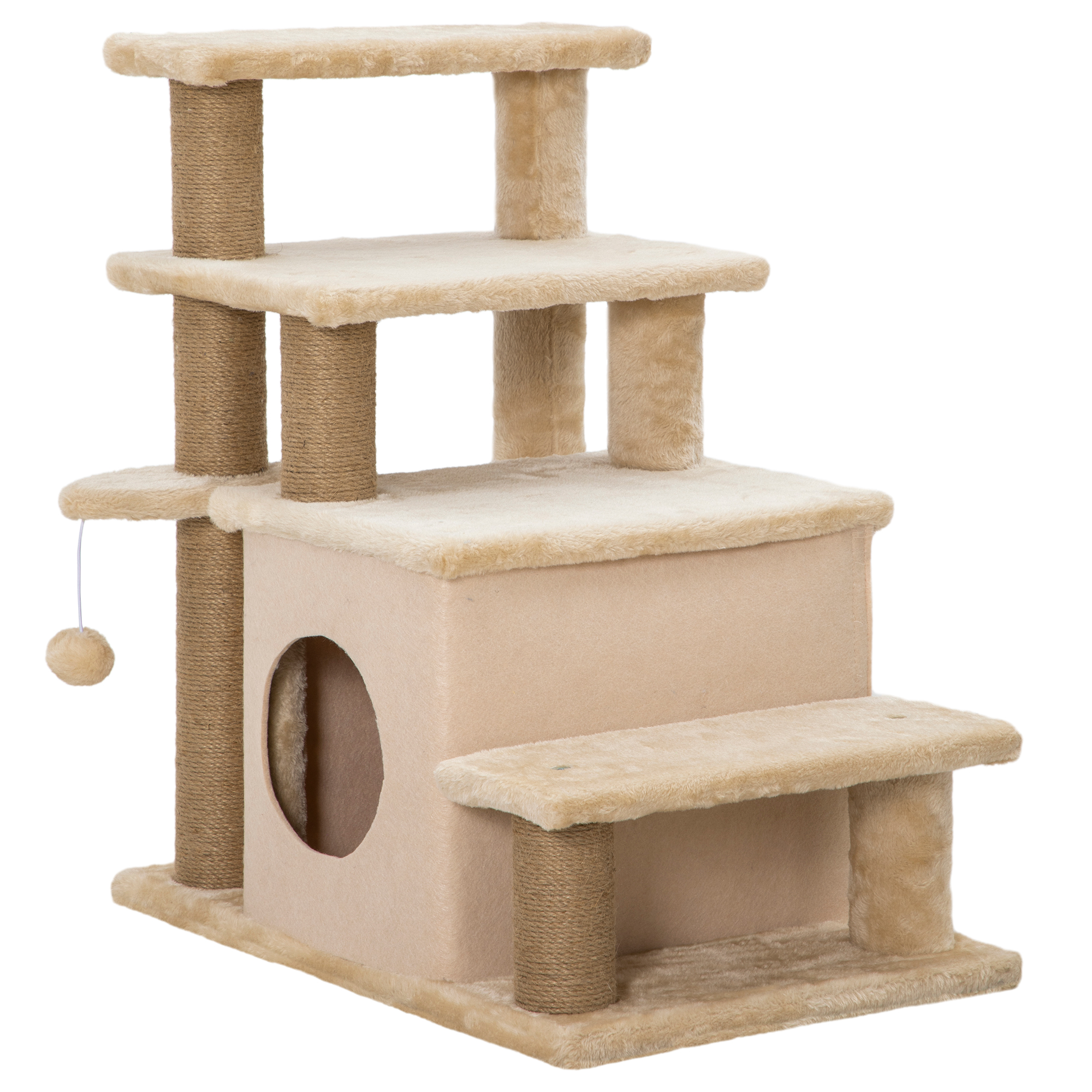 PawHut Adjustable Height 3 Step/4 Step Cat Stairs w/ Jute Cat Scratching Post, Cat Condo, Toy Ball, for Bed, Sofa, Couch, Beige