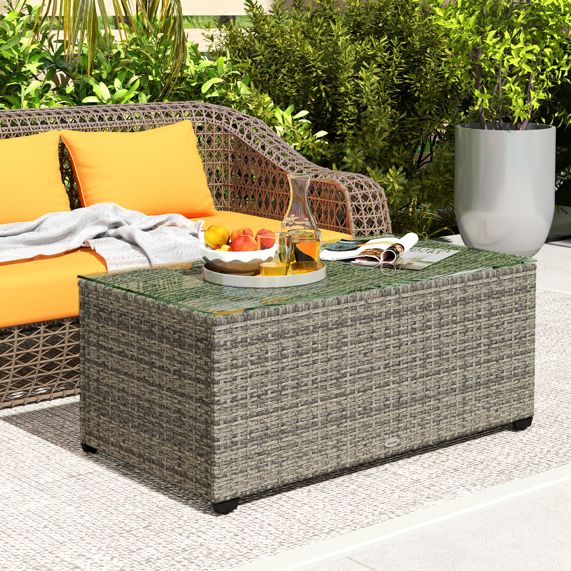 Outsunny Wicker Outdoor Coffee Table, PE Wicker Rectangular Patio Table with Tempered Glass Top for Garden, Balcony, Dark Grey Aosom Canada