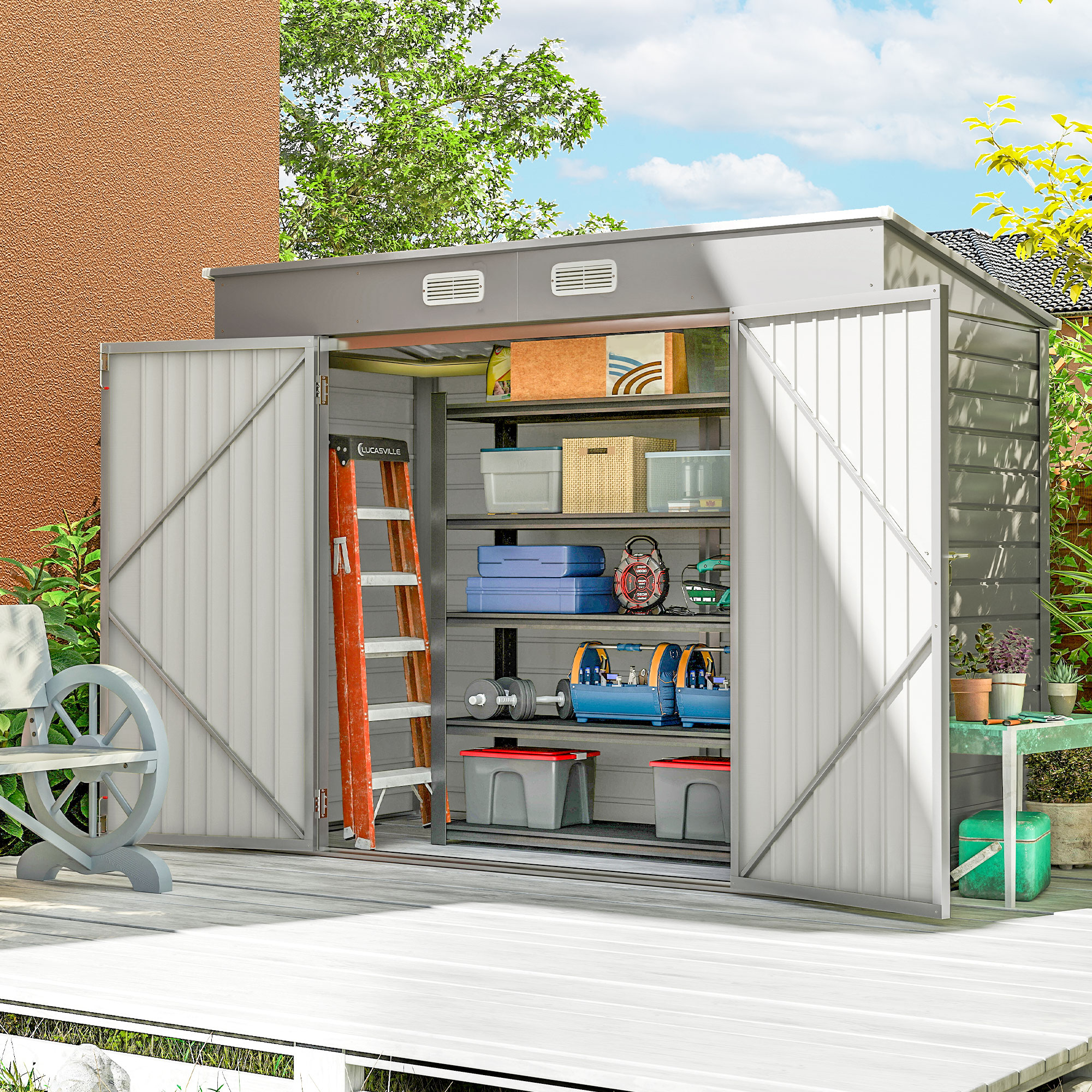 Outsunny 8 x 4FT Galvanized Garden Storage Shed, Metal Outdoor Shed with Double Doors and 2 Vents, Light Grey | Aosom Canada