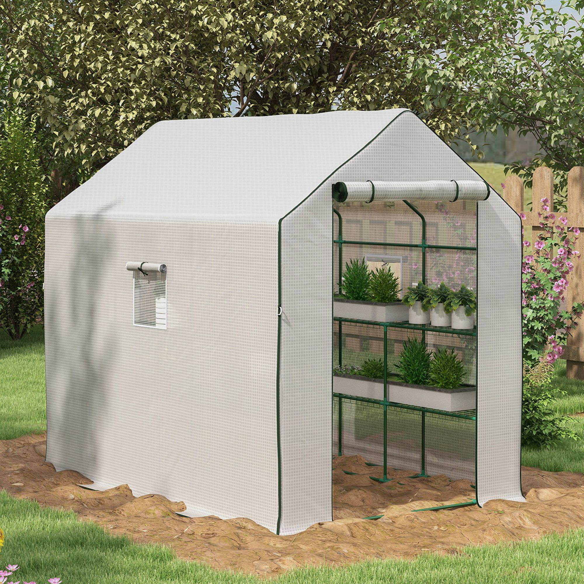 Outsunny Portable Greenhouse, Walk-In Small Outdoor Green House with 2 Tier U-Shaped Flower Rack Shelves, 4.6' x 4.7', White Aosom Canada