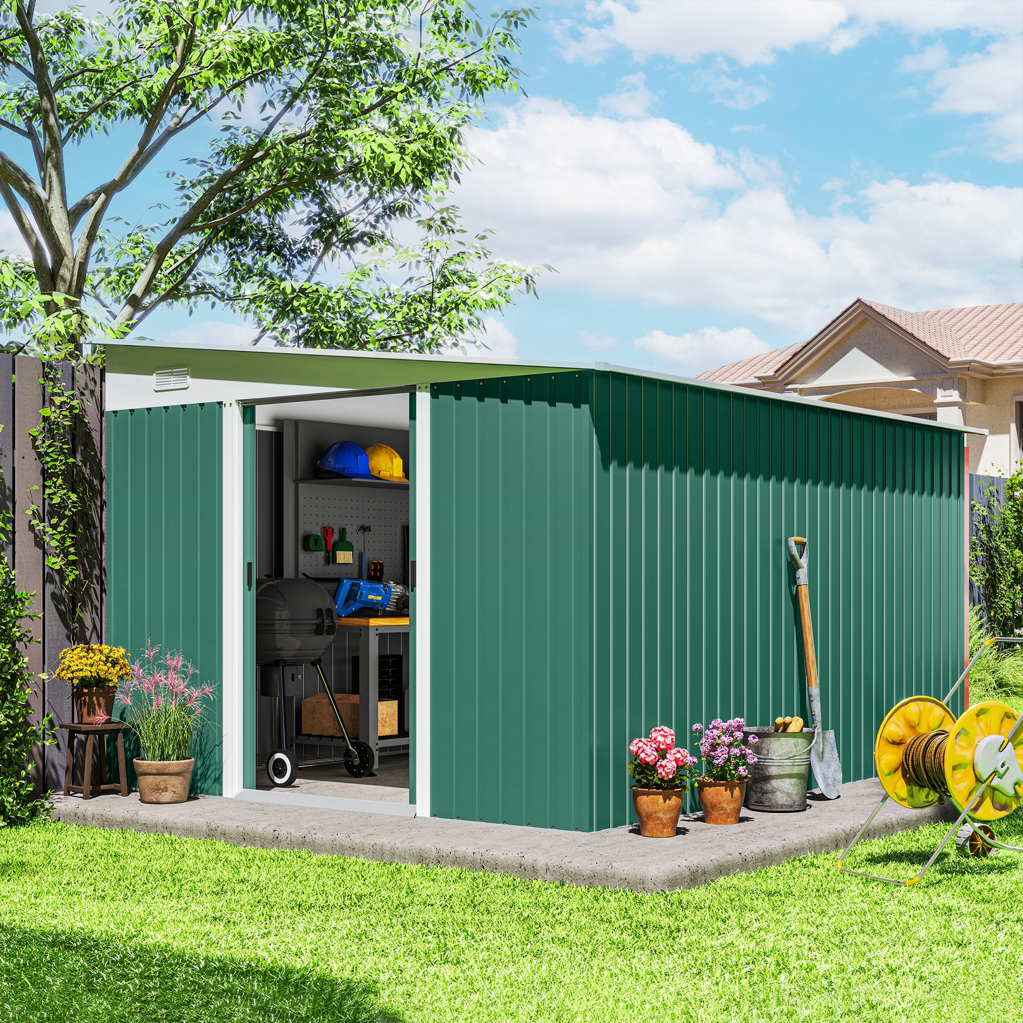 Outsunny 11' x 9' Steel Garden Storage Shed, Outdoor Metal Tool House with Double Sliding Doors & 2 Air Vents, Green Aosom Canada