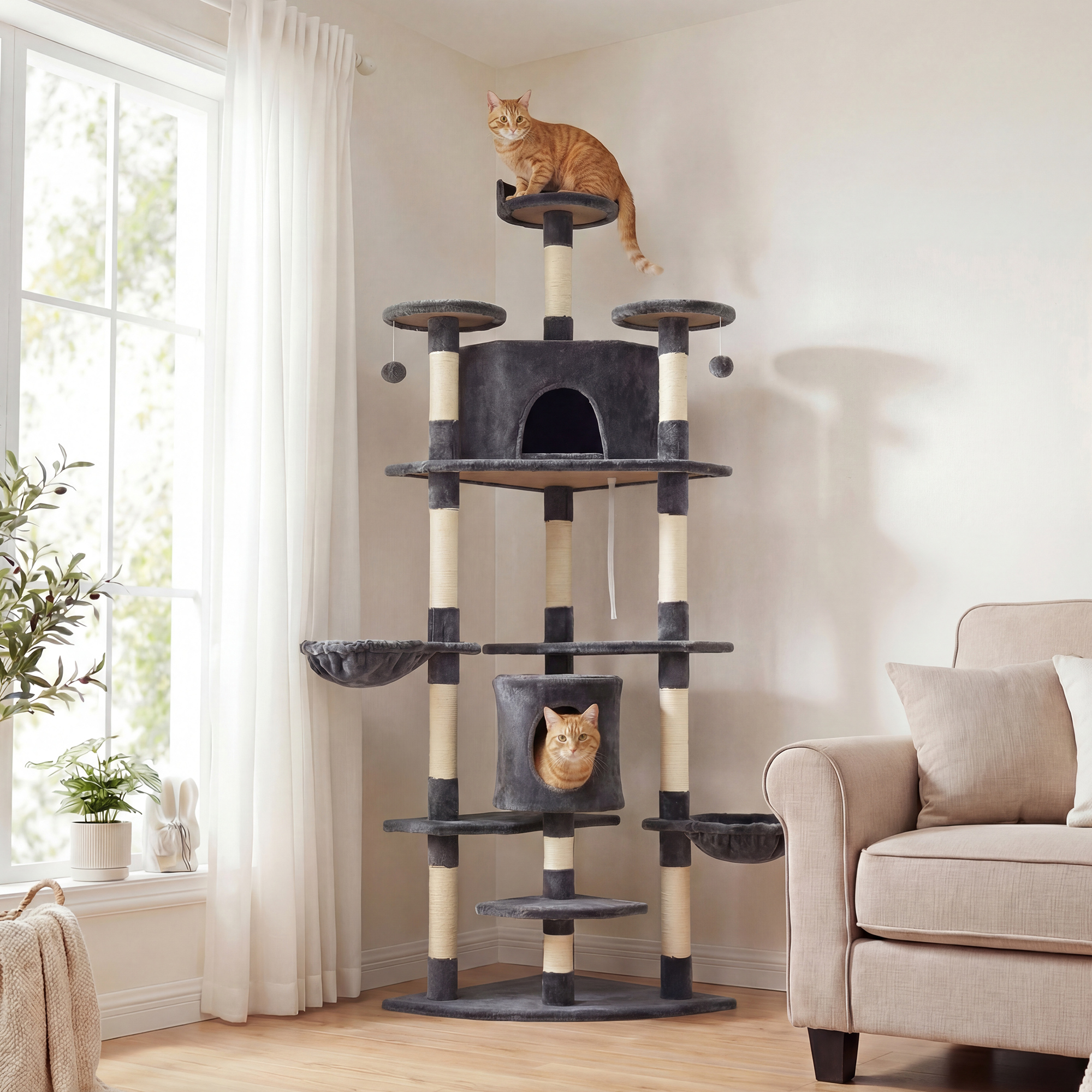 PawHut 79" Cat Tree with Two Condos, Kitty Tower with Scratching Posts, Two Hammocks, Perches, Interactive Toys, Dark Grey Aosom Canada