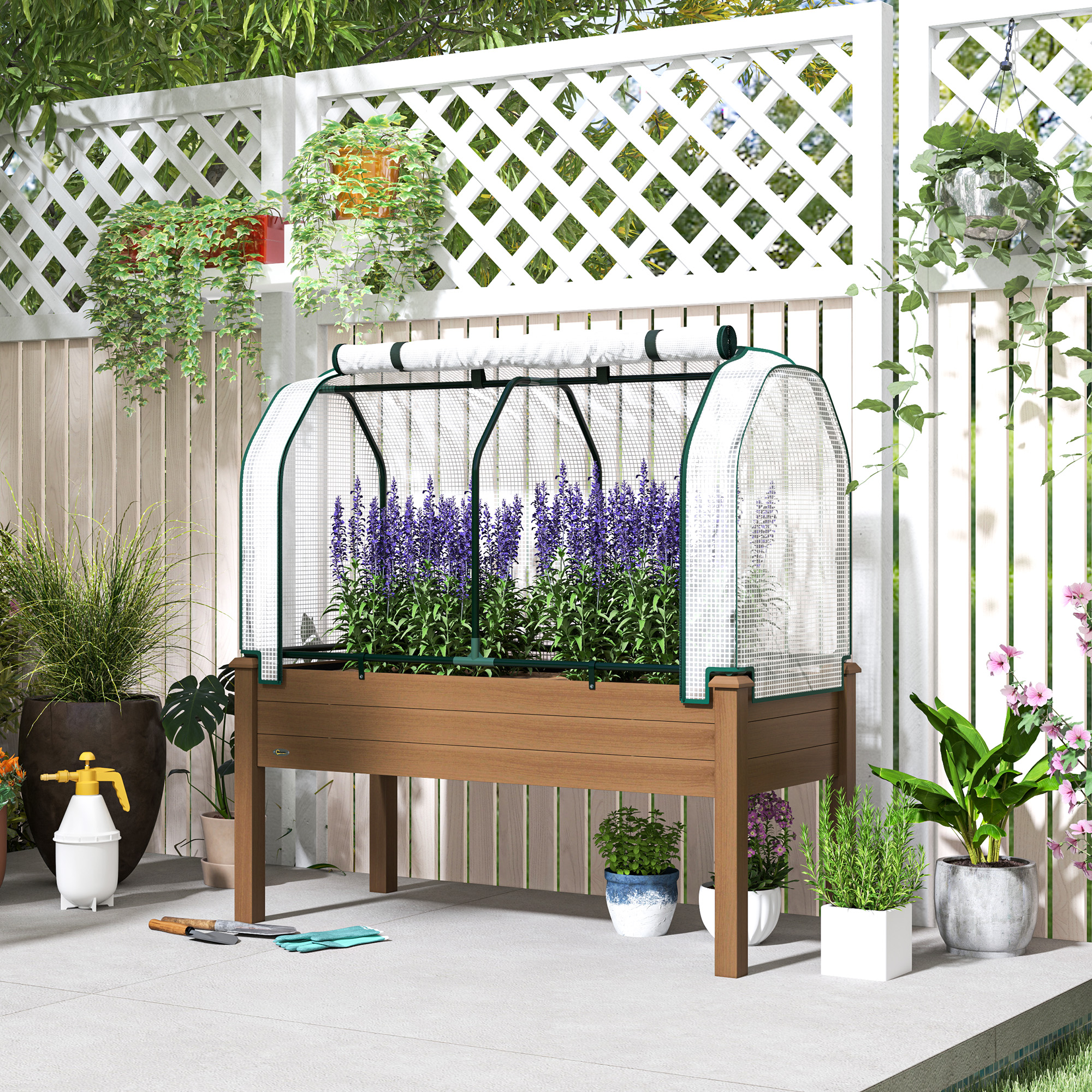 Outsunny Raised Garden Bed with PE Greenhouse Cover Outdoor Elevated Wood Planter Box for Herbs and Vegetables Brown Aosom Canada