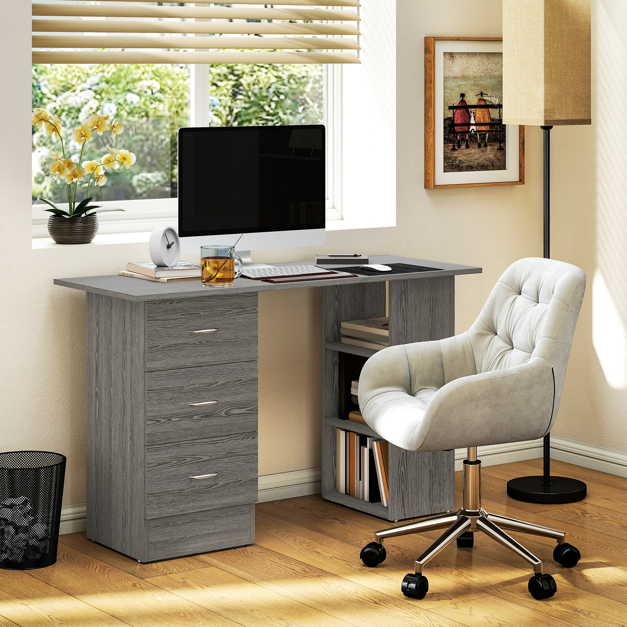 HOMCOM 47 Inches Home Office Desk with 3-Tier Storage Shelves, Computer Desk with Drawers, Study Writing Table, Grey Aosom Canada