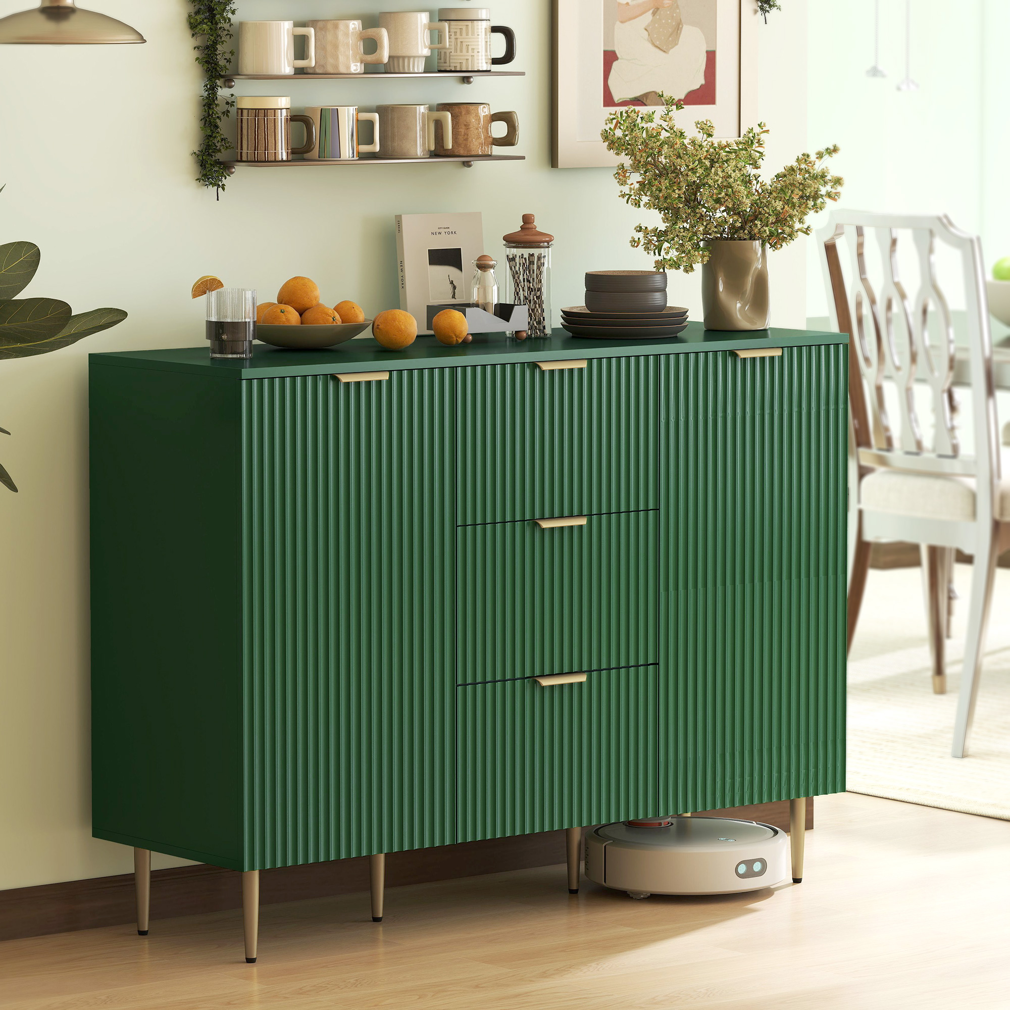 HOMCOM 47.2" Fluted Sideboard Cabinet, Modern Buffet Cabinet with 3 Drawers and Adjustable Shelves for Kitchen Hallway, Green Aosom Canada