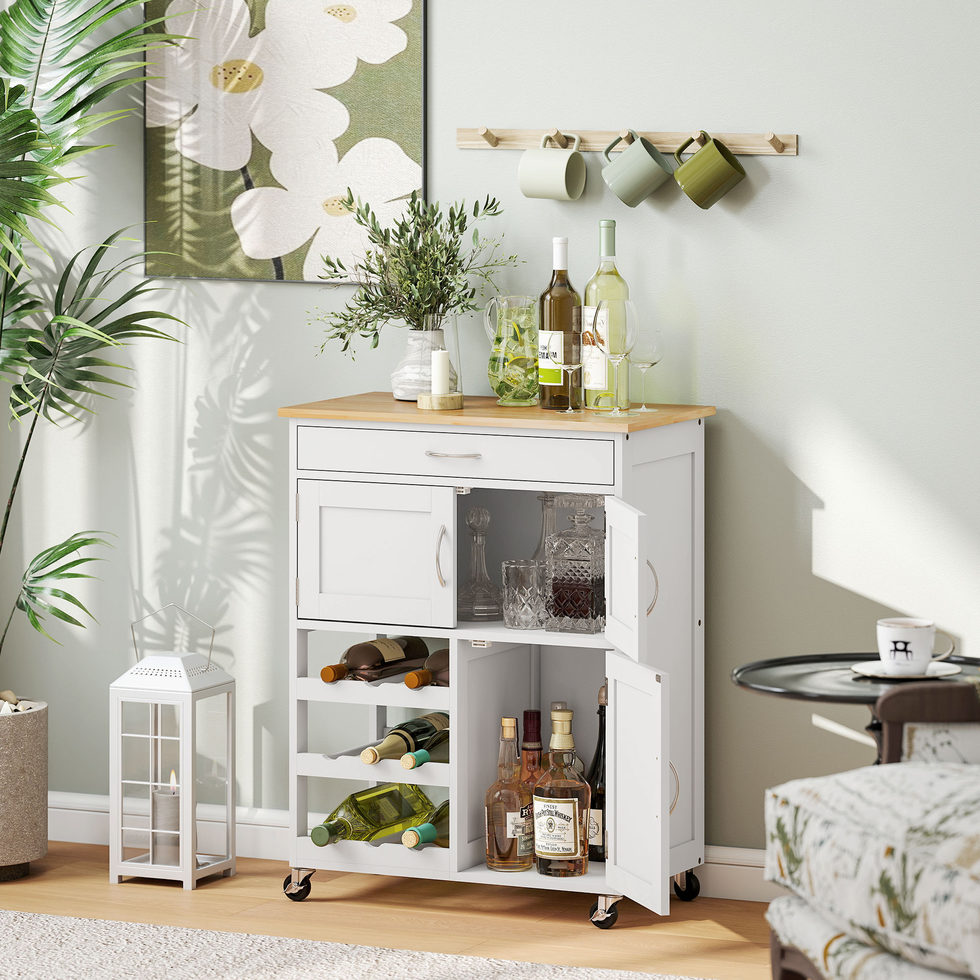 HOMCOM Kitchen Island on Wheels with Storage Drawer 9-bottle Wine Rack Cabinet Wooden Countertop White Rolling Cart Aosom Canada