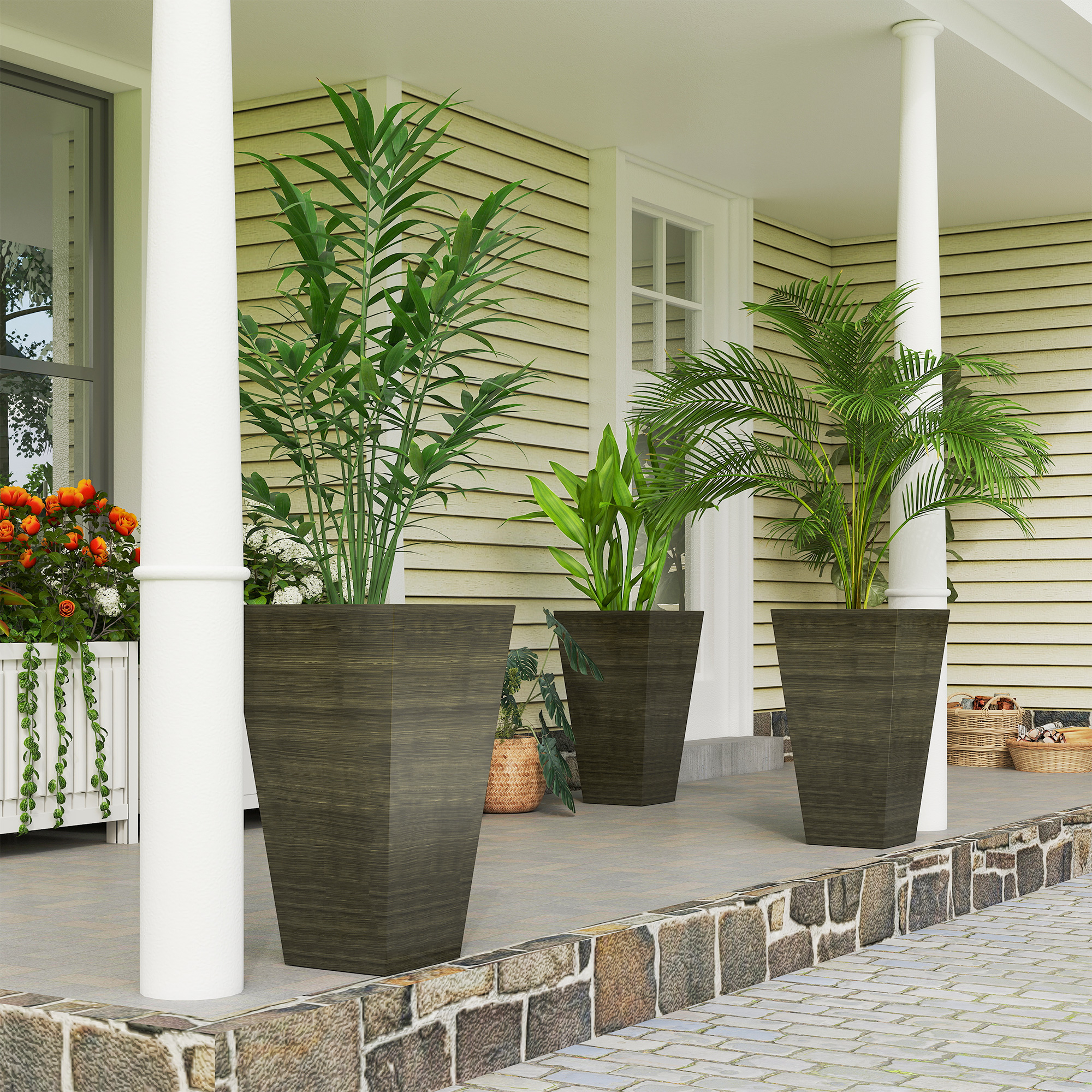 Outsunny Tall Planter for Outdoor Plants Set of 3, 28 Inch Taper Planter with Drainage Holes, Bronze Aosom Canada