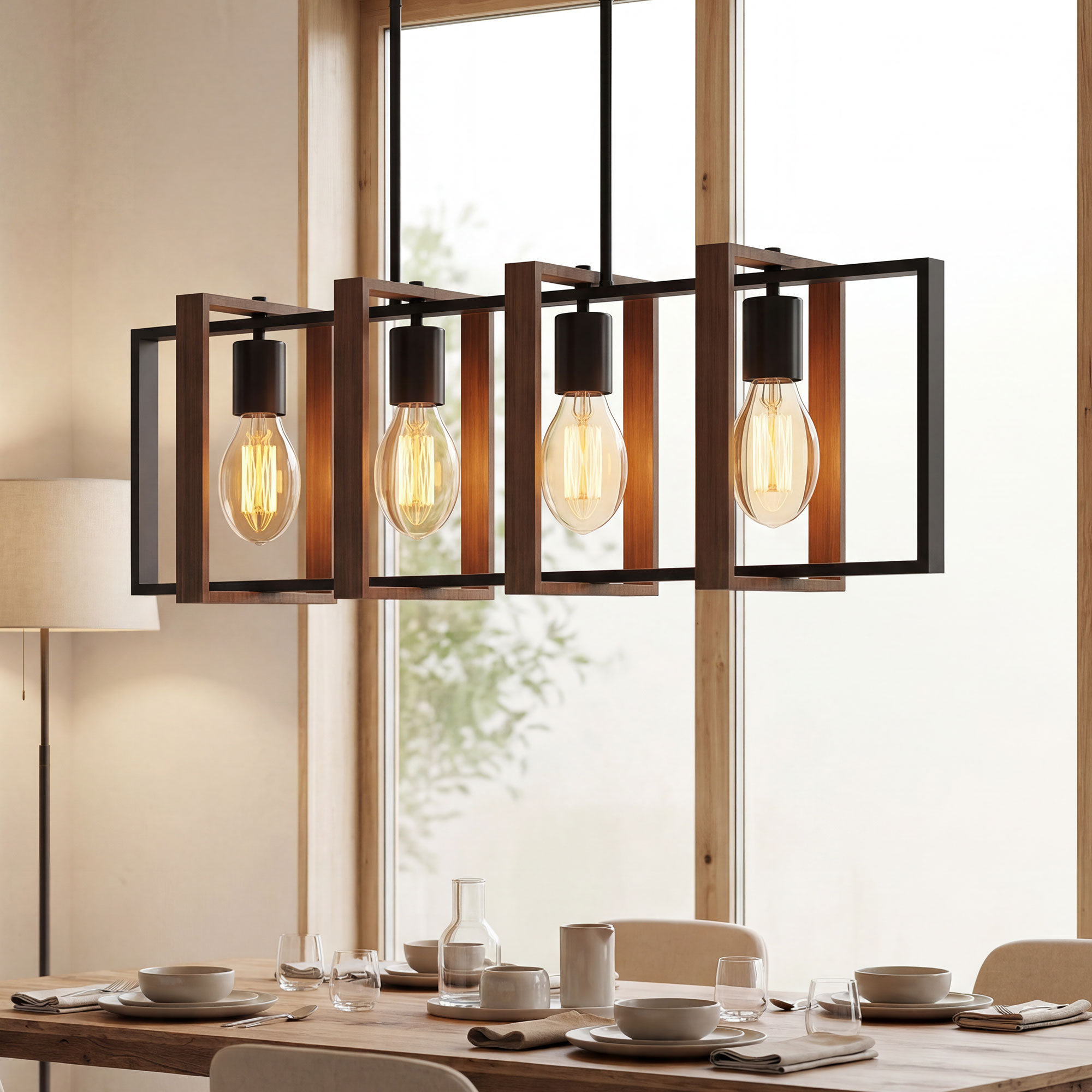 HOMCOM Farmhouse Kitchen Island Lighting, Linear Pendant Light with 4 Rotatable Frames and Adjustable Height, Walnut Aosom Canada