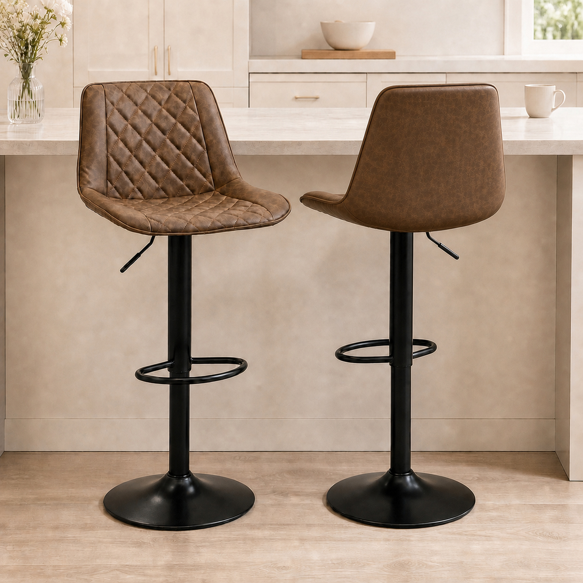 HOMCOM Bar Stools Set of 2, Swivel Counter Height Barstools with Back, Footrest, Adjustable Height, Dark Brown Aosom Canada