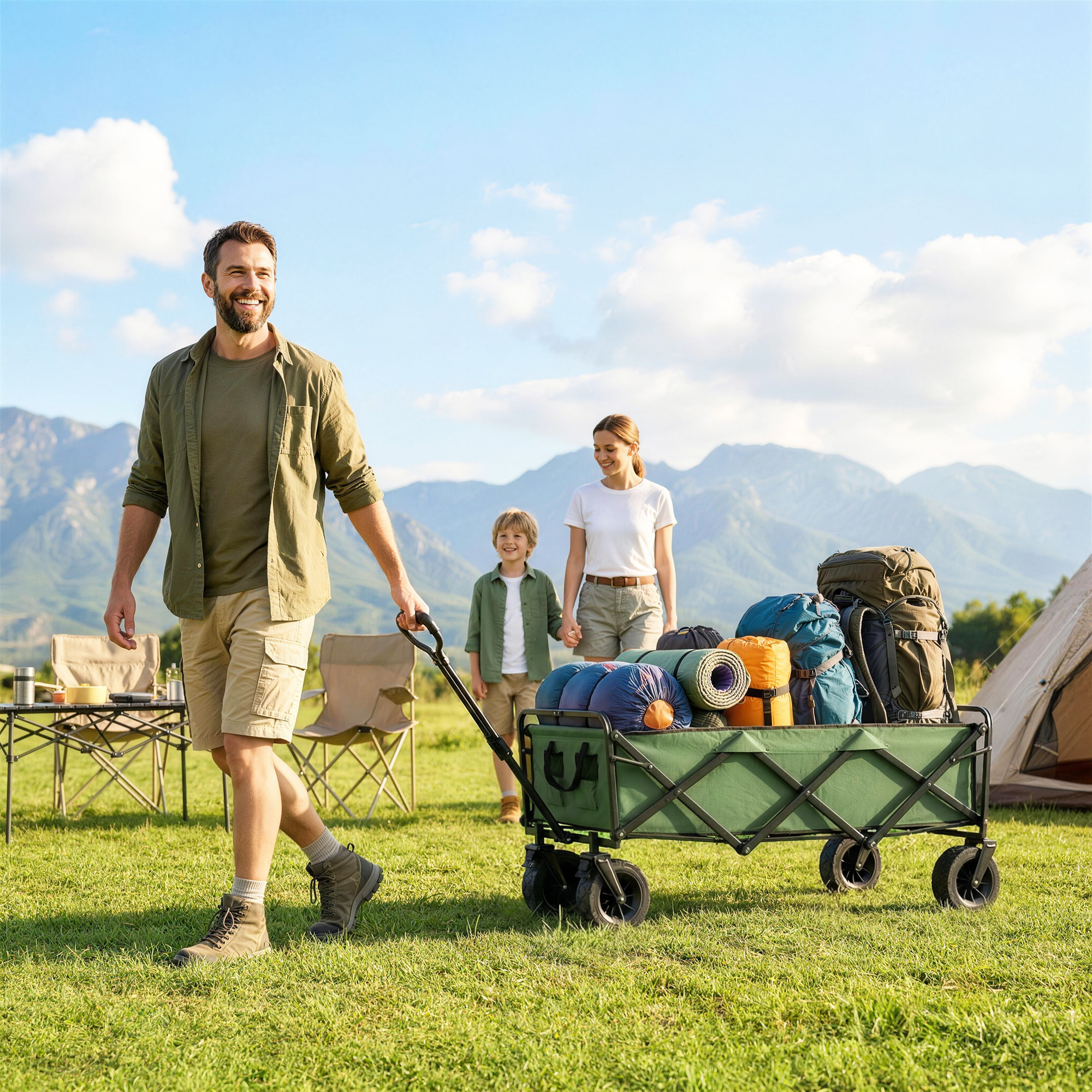 Outsunny 130L Folding Garden Cart with Wheels, Heavy-Duty Collapsible Wagon with Brakes, Green Aosom Canada