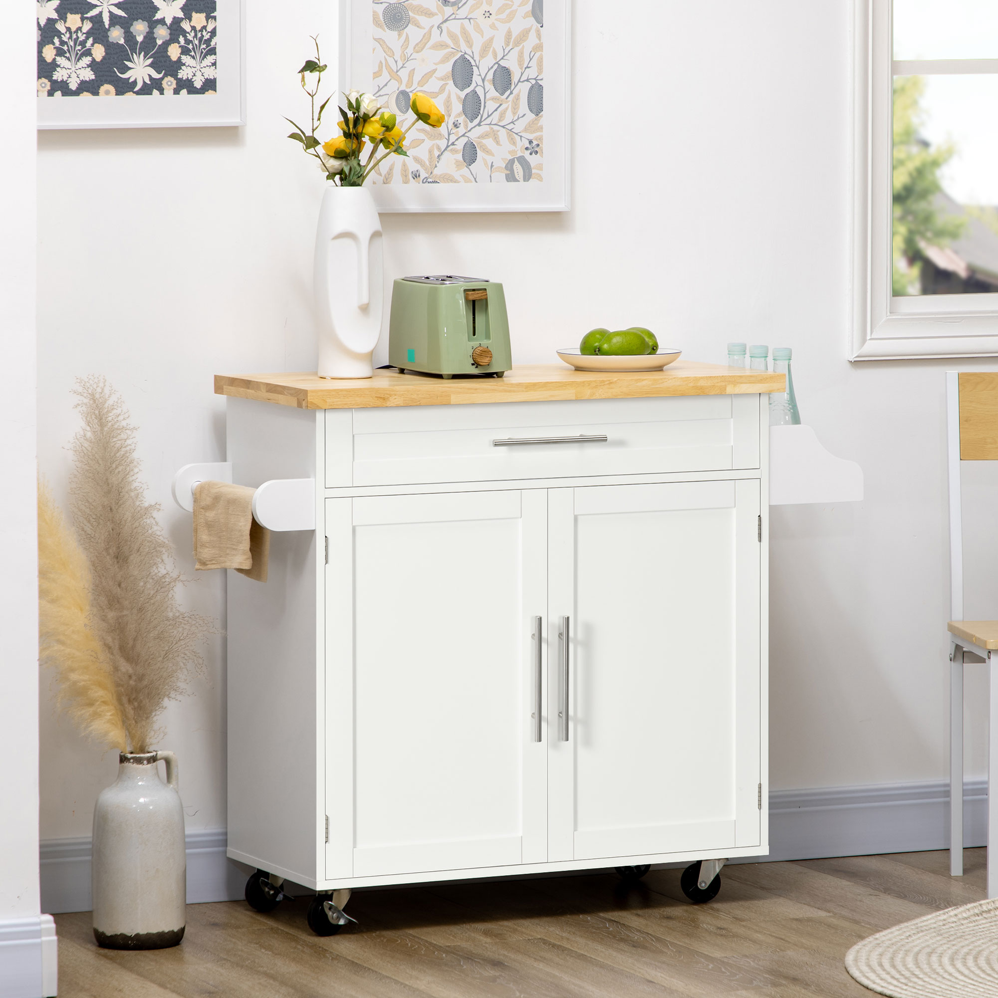 HOMCOM White Rolling Kitchen Trolley: Mobile Island Cart with Rubberwood Top, Storage Drawer, Spice & Towel Racks Aosom Canada