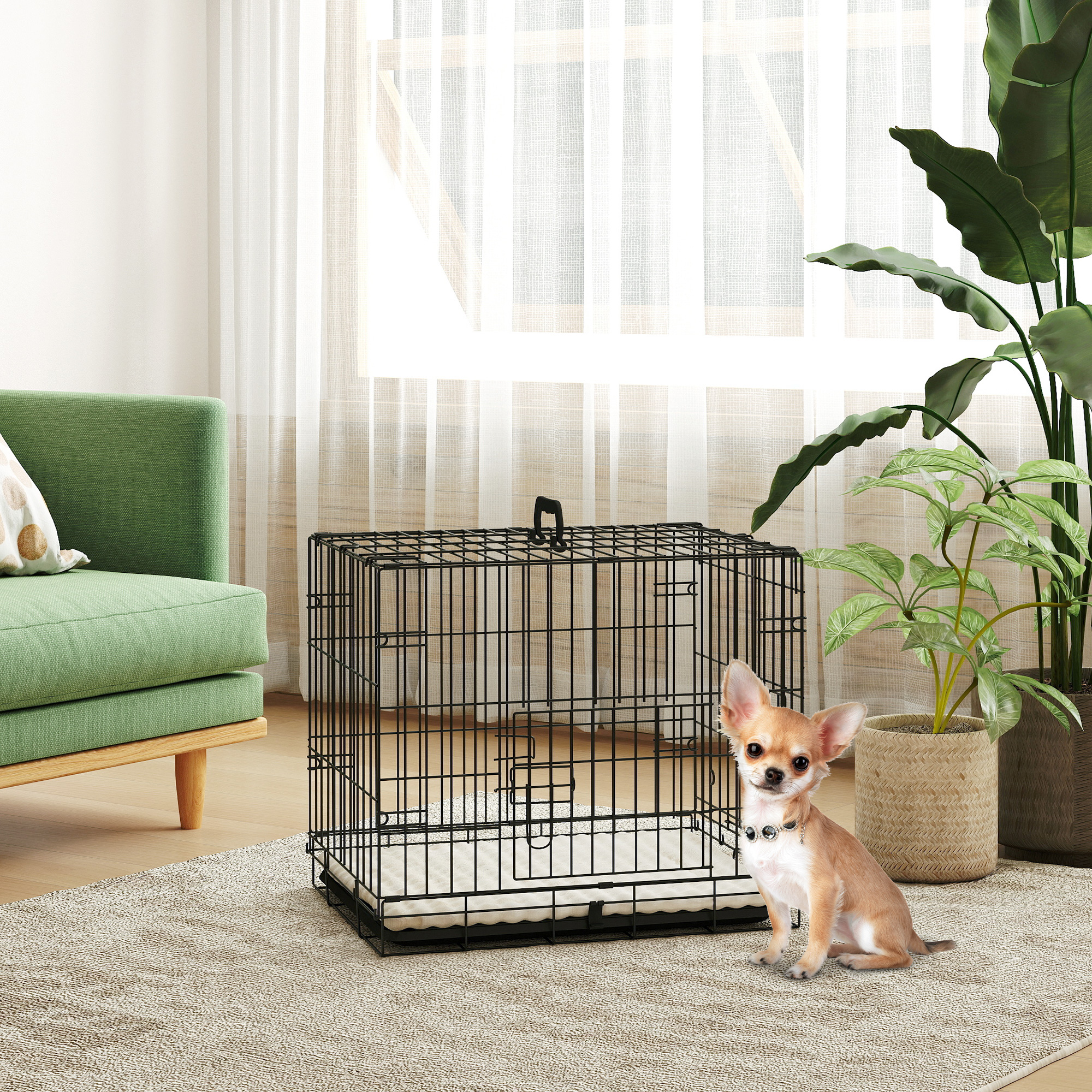 PawHut 24" Dog Crate with 2 Doors, Folding Metal Dog Cage with Soft Cushion, Removable Tray, Handle for Extra Small Dogs, Black Aosom Canada