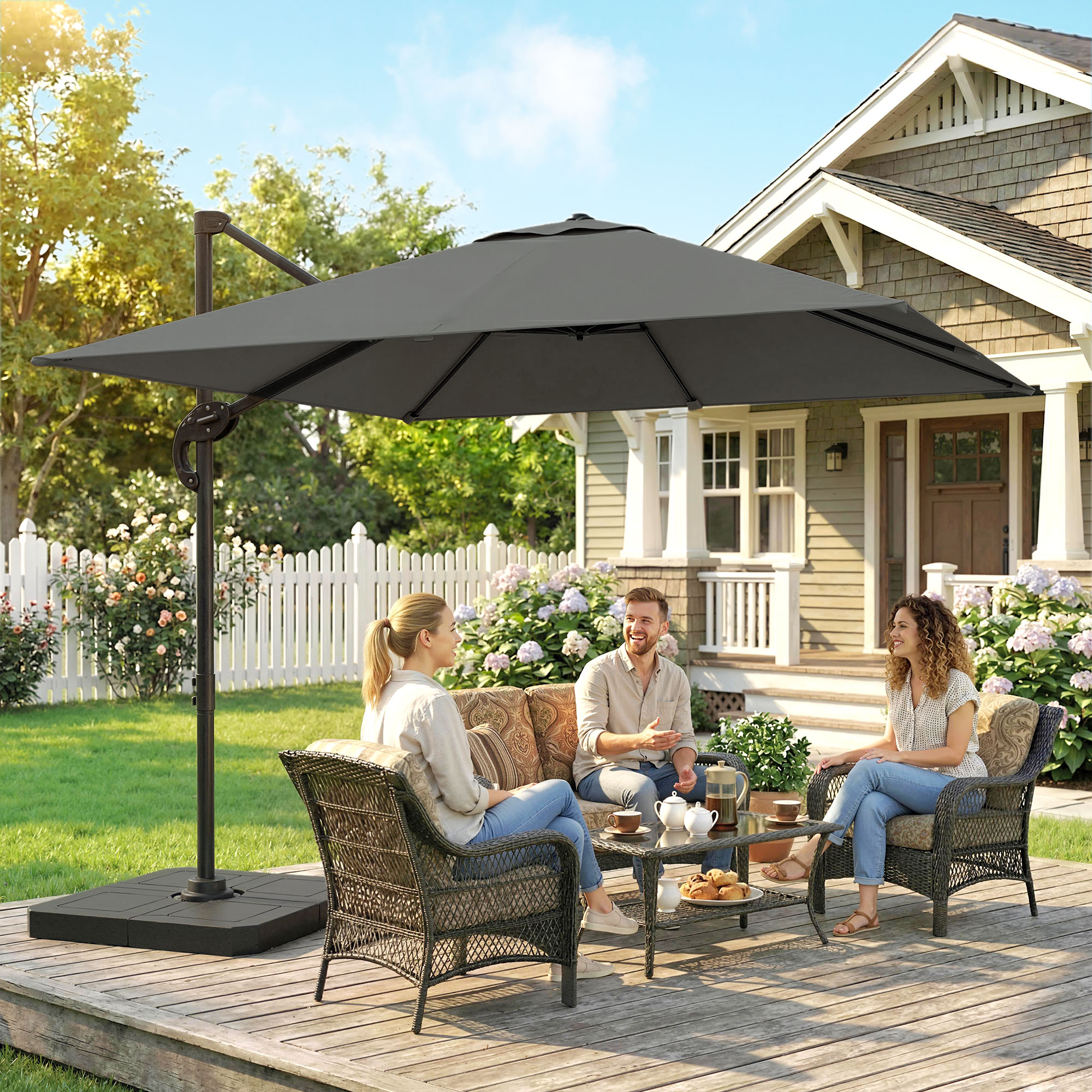 Outsunny 8' x 8' Offset Cantilever Patio Umbrella with Base Weights, UPF50+ Cantilever Parasol with 360° Rotation, Dark Grey Aosom Canada