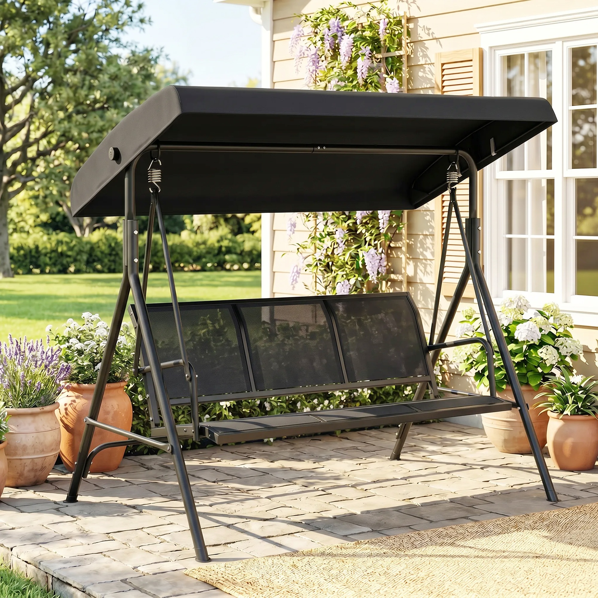 Outsunny 3-Seater Swing Chair Covered Garden Hammock A-Frame Outdoor Porch Glider Sling Seat with Adjustable Canopy Cover, Black Aosom Canada