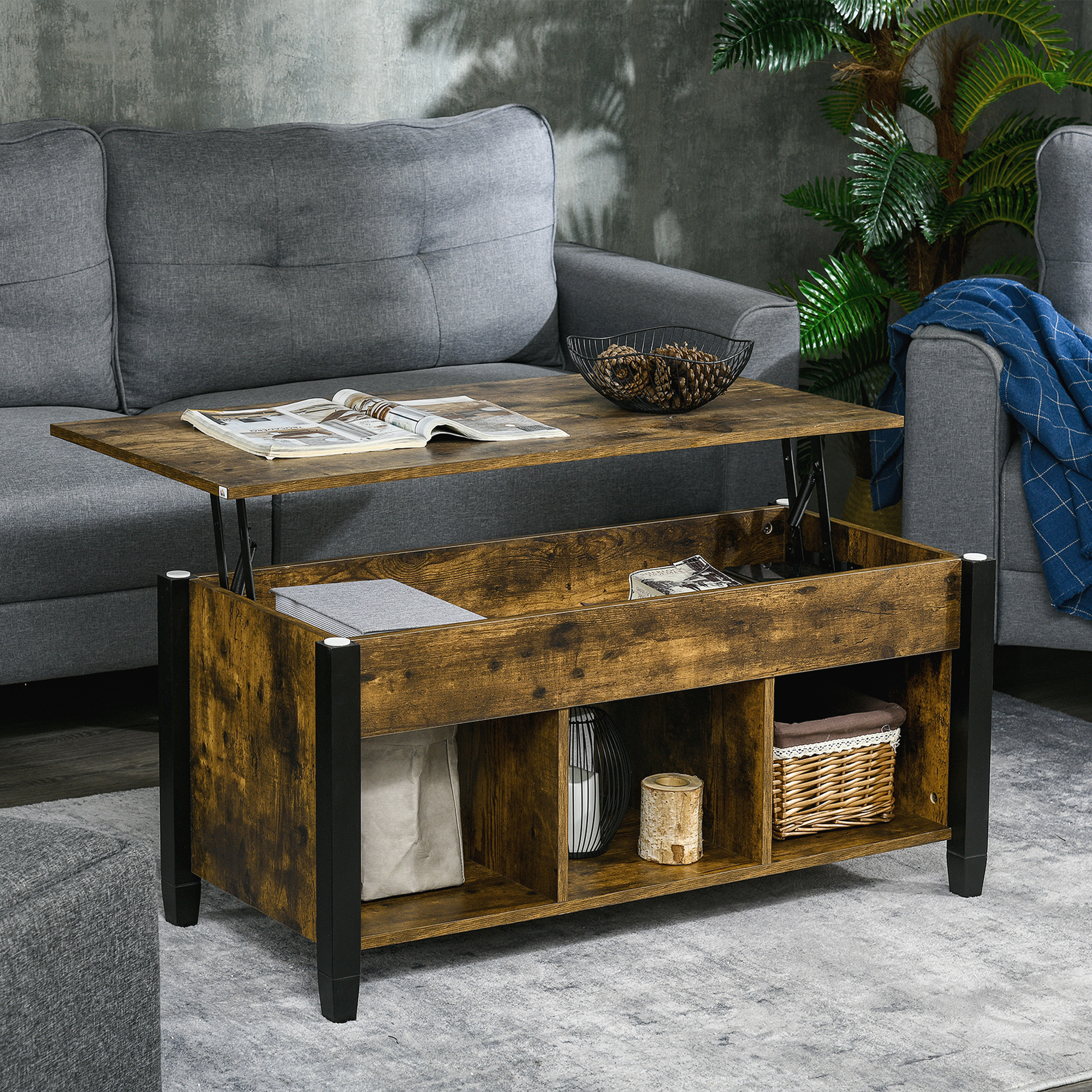 HOMCOM Rustic Lift-Top Retreat: Coffee Table with Hidden Storage, 3 Lower Shelves, Pop-Up Design in Brown Finish for Living Room Aosom Canada