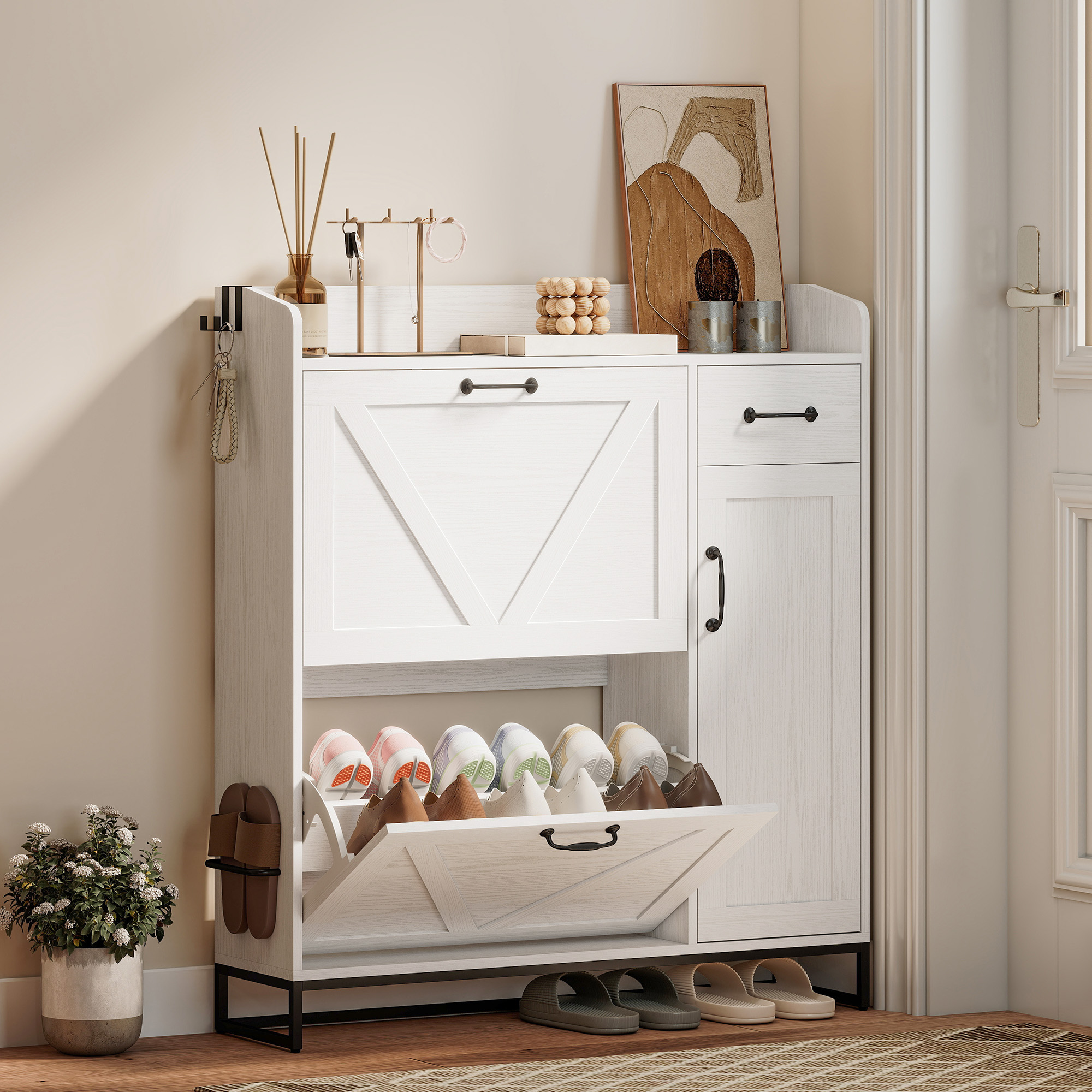HOMCOM Shoe Storage Cabinet, Farmhouse Shoe Cabinet with Adjustable Shelves for Entryway, Hallway, Holds 12 Pairs, White Aosom Canada