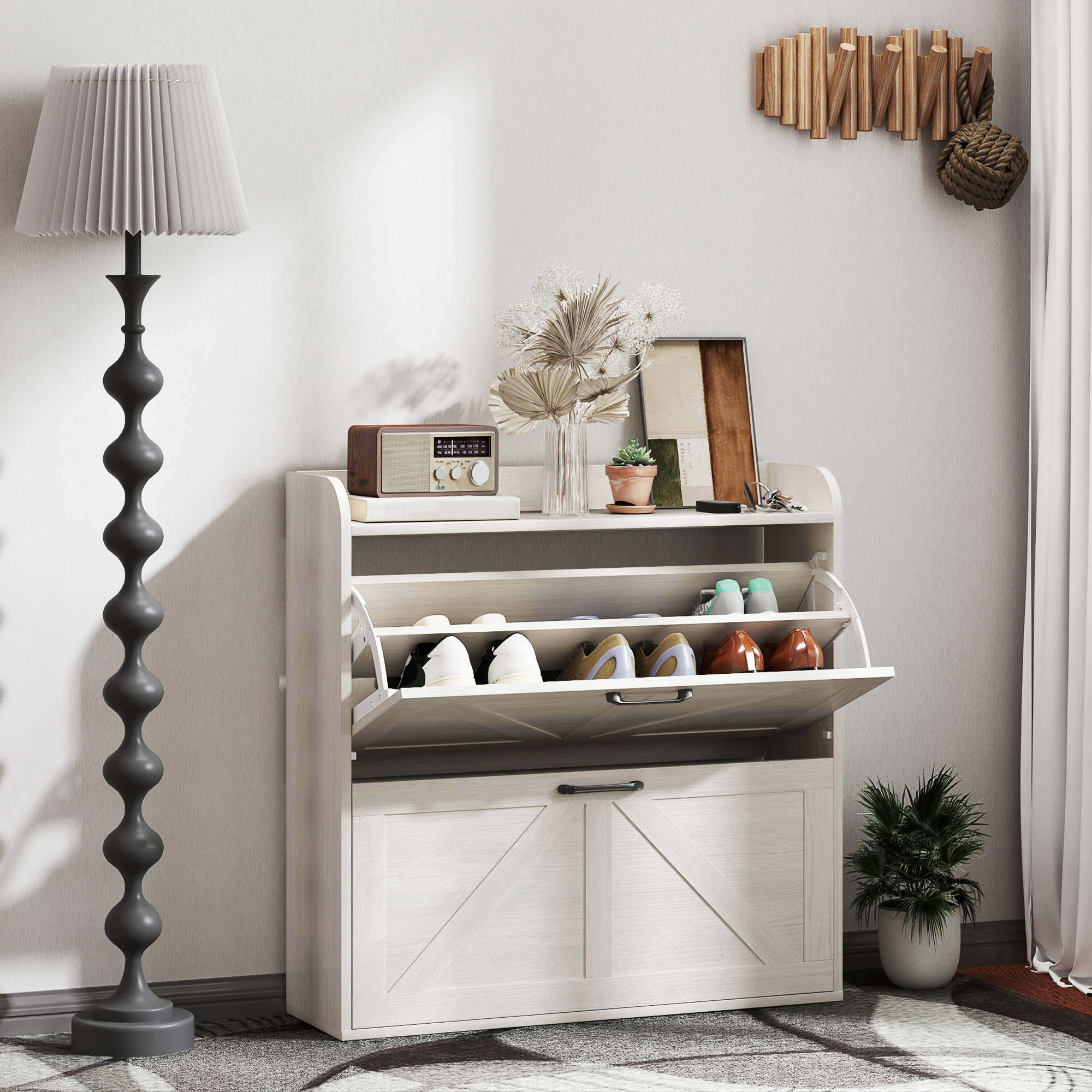HOMCOM Narrow Shoe Storage Cabinet, Farmhouse Slim Shoe Cabinet with 2 Flip Drawers, Adjustable Shelves, Oak White Aosom Canada