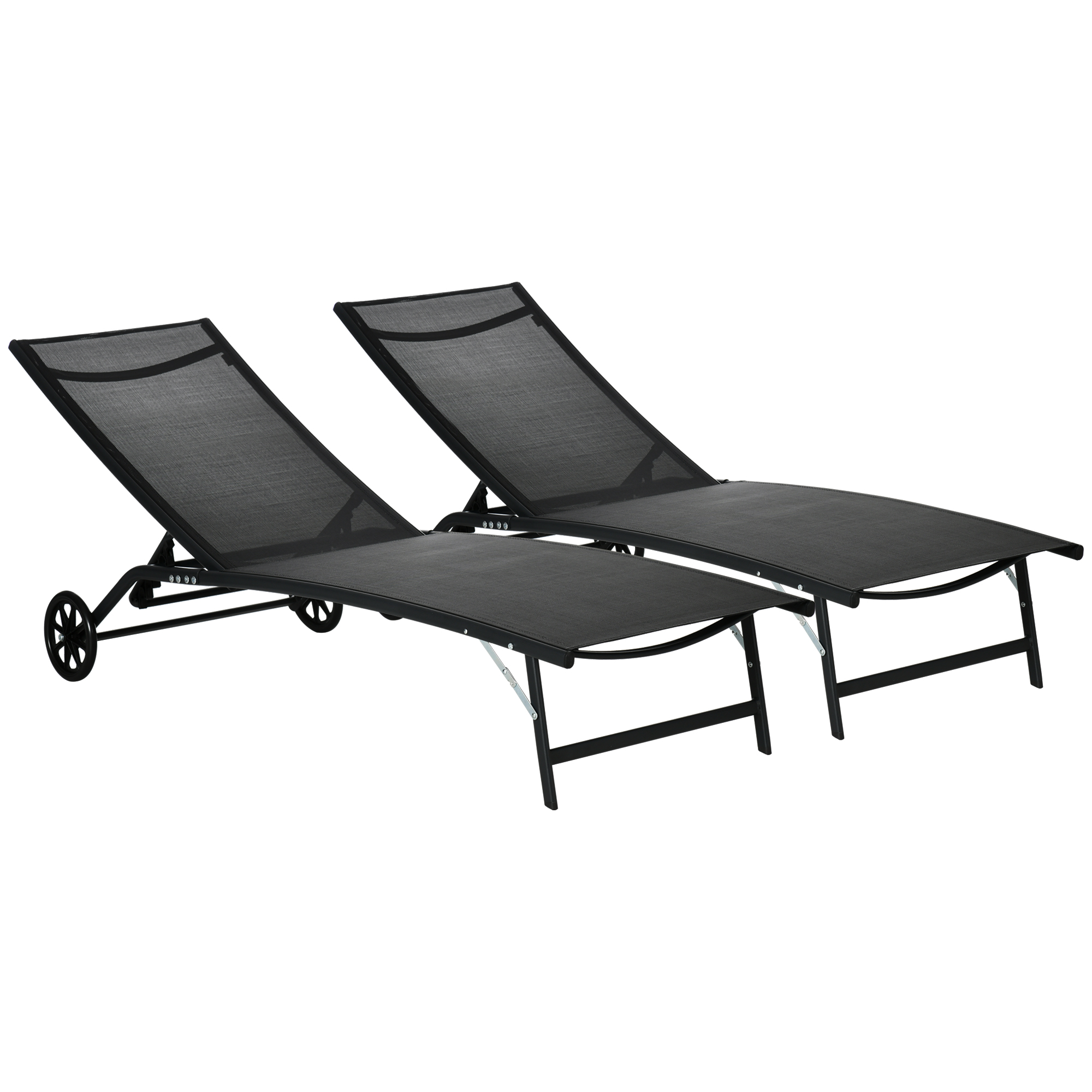 Outsunny Chaise Lounge Outdoor, 2 Piece Lounge Chair with Wheels, Tanning Chair with 5 Adjustable Positions, Black