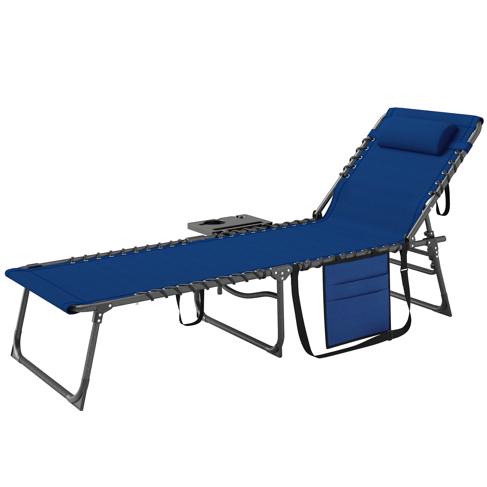 Outsunny Folding Outdoor Chaise Lounge Chair Tanning Chair with 5-Level Adjustable Back, Side Table, Pillow, Pocket, Dark Blue