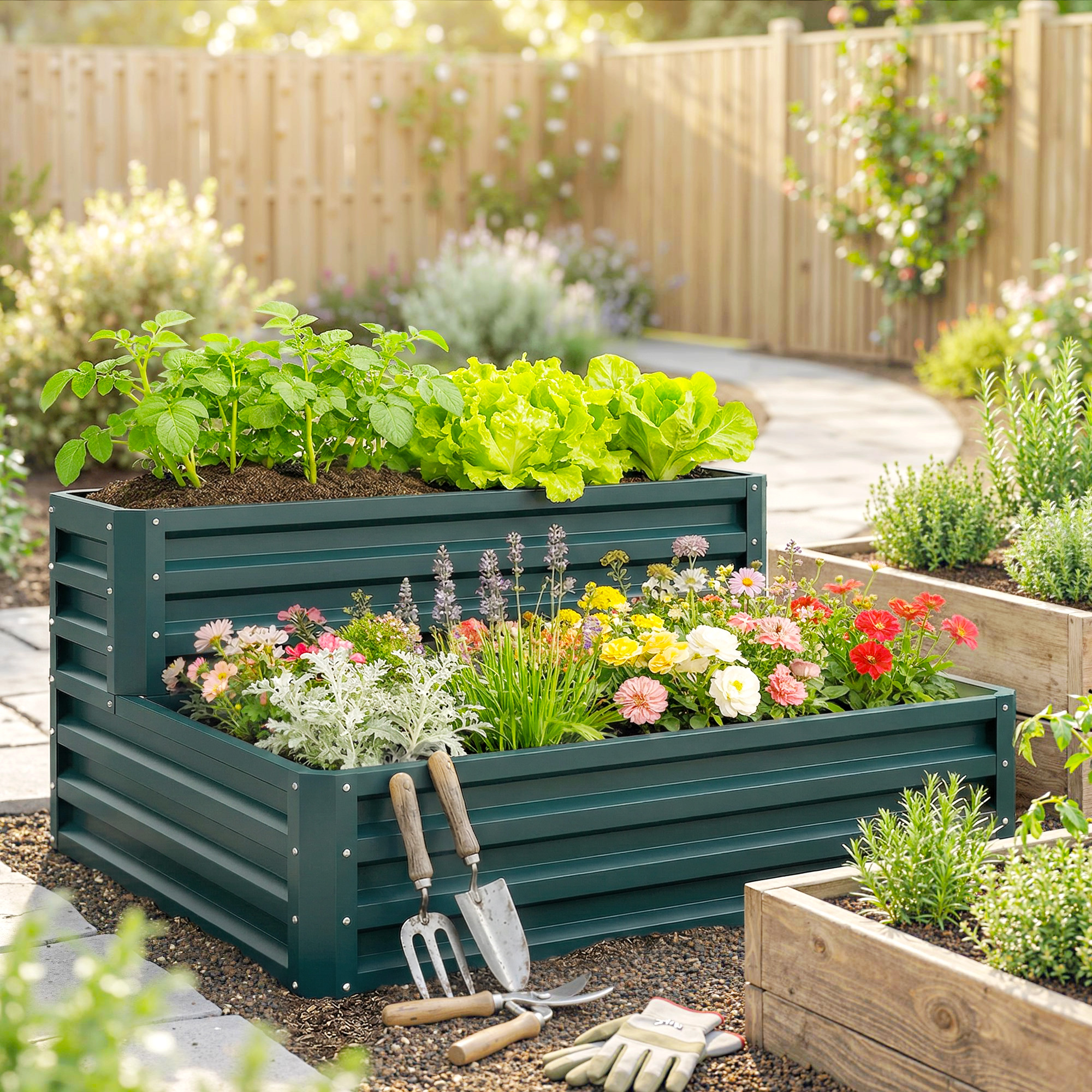 Outsunny 2-Tier Galvanized Raised Garden Bed: 47"x40"x23" Steel Planter Box for Veggies, Flowers & Herbs in Green Aosom Canada
