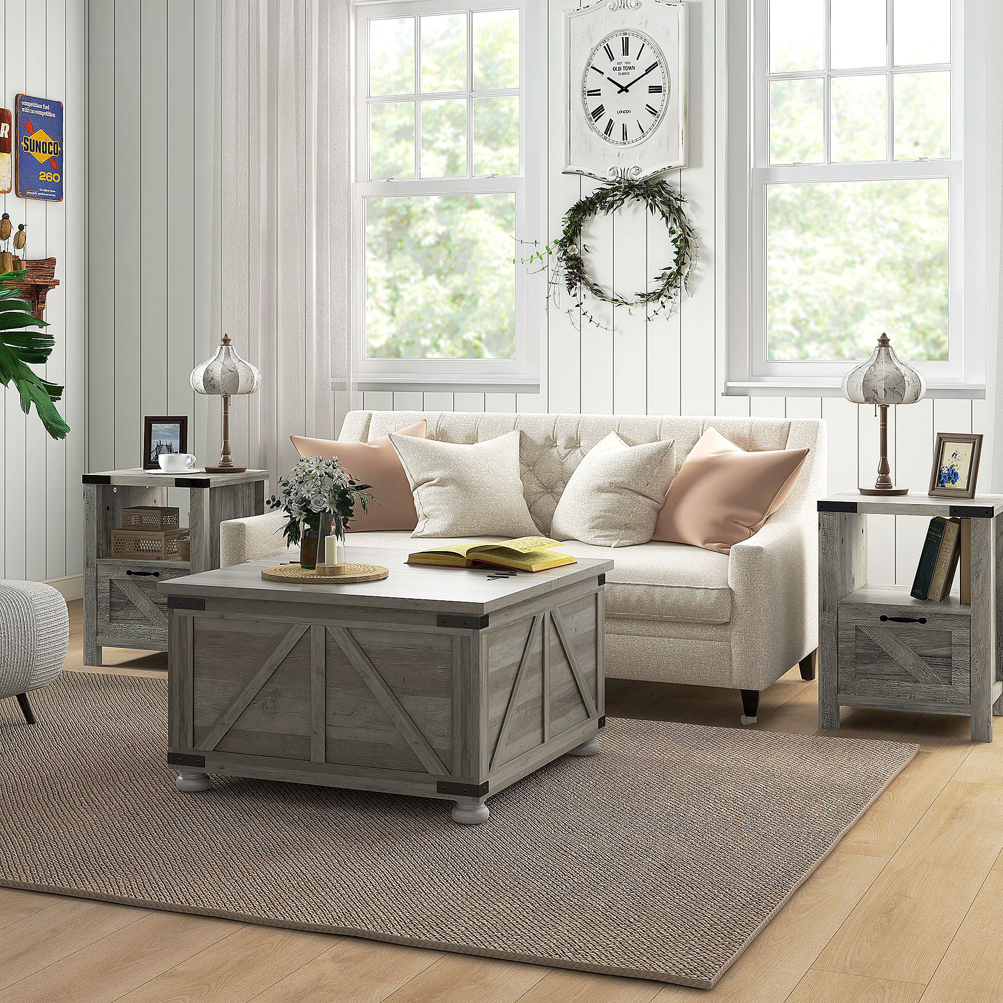 HOMCOM Farmhouse Coffee Table Square Wooden Center Table Flip Top Hidden Storage Compartment Grey Aosom Canada