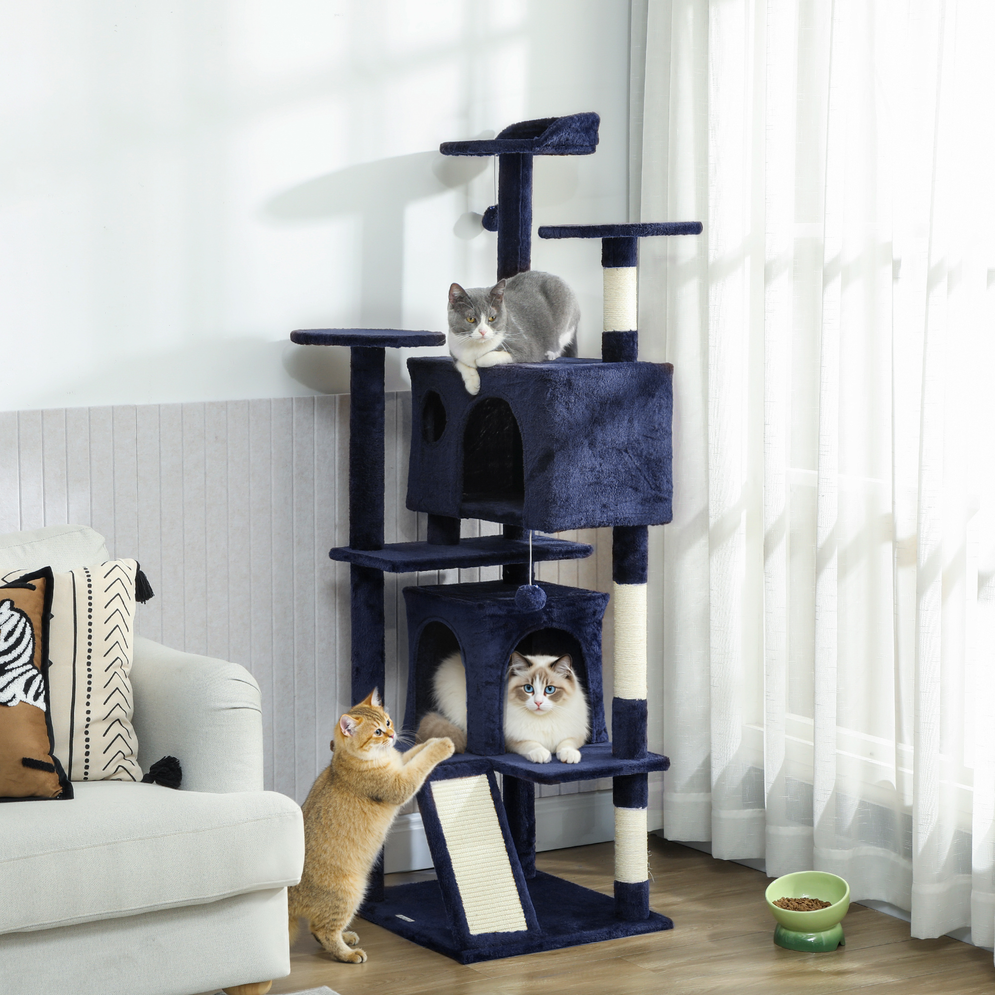 PawHut 63" Cat Tree, Multi-Level Cat Tower with Scratching Posts, Cat Condos, Bed, Platforms, Ramp, Toy Ball, Dark Blue Aosom Canada