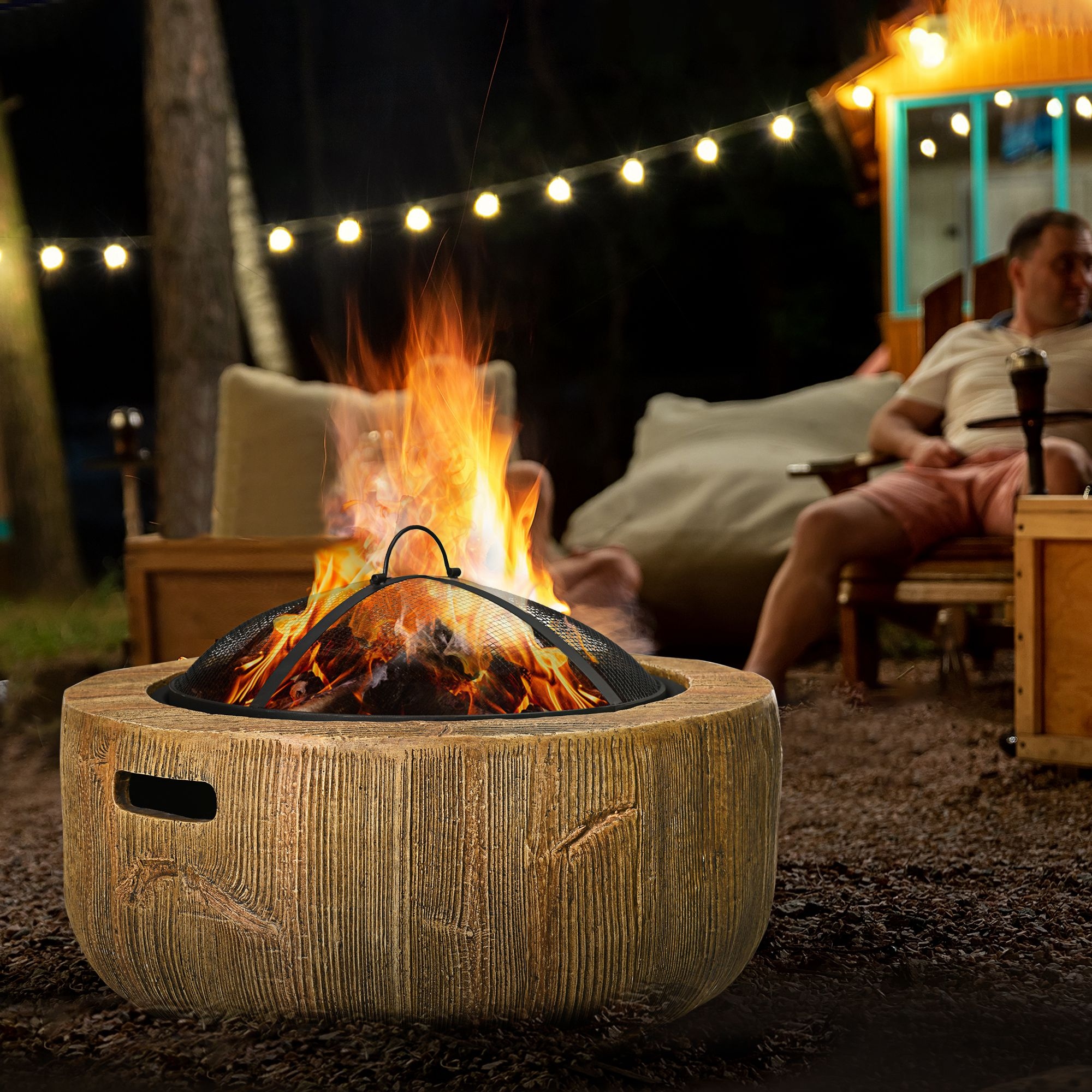 Outsunny Outdoor Fire Pit, 24 Inch Metal Wood Burning Fireplace with Spark Cover, Poker, Woodgrain Design, Light Brown | Aosom Canada
