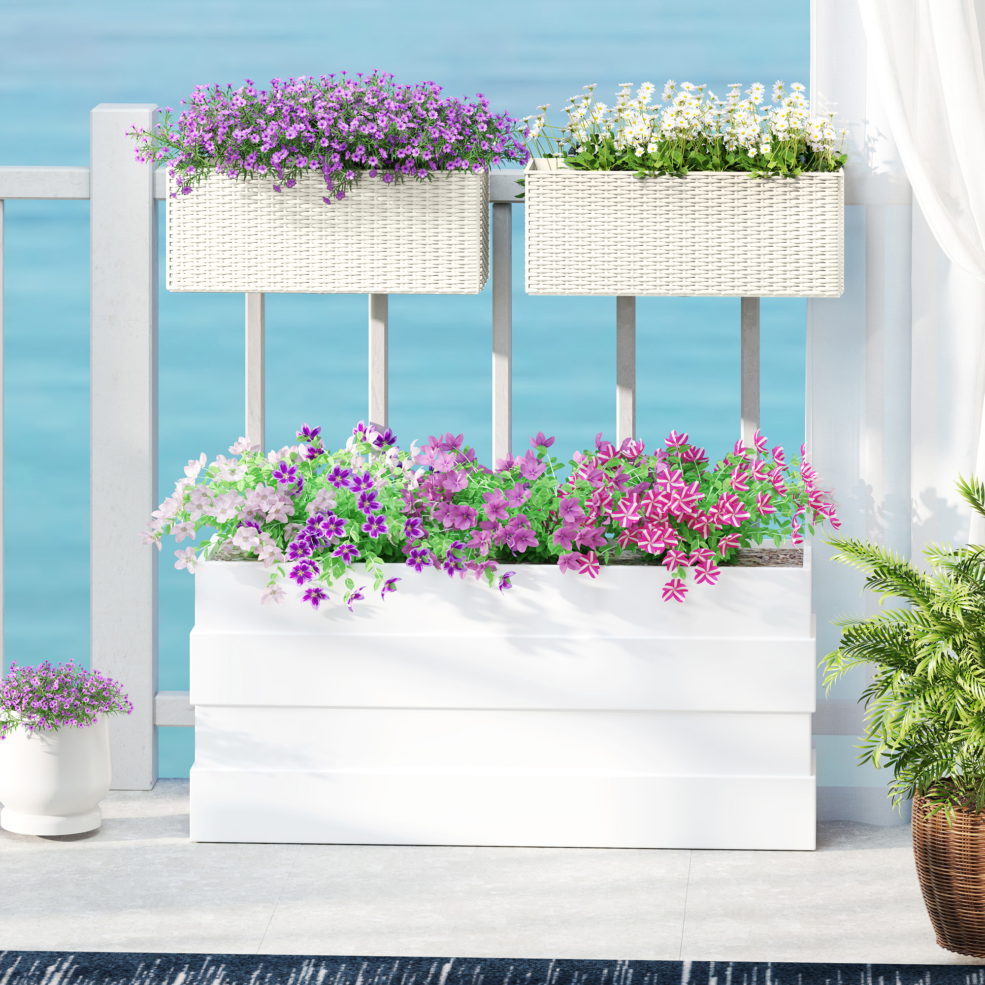 Outsunny 2 Pack 20 Inch Hanging Flower Pots, Railing Planter Box for Fence, Garden, Rattan Look, White Aosom Canada