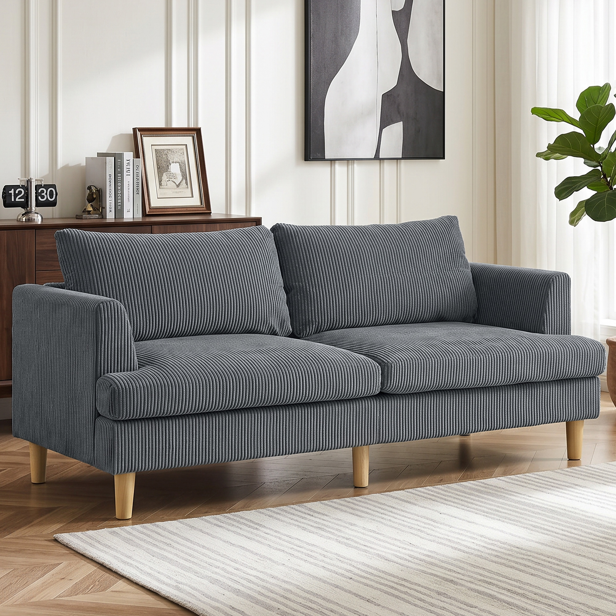 HOMCOM Fabric 3 Seater Sofa with Thick Spring Cushions, Armrests, 74" Corduroy Upholstered Couch with Solid Wood Legs, Dark Grey Aosom Canada