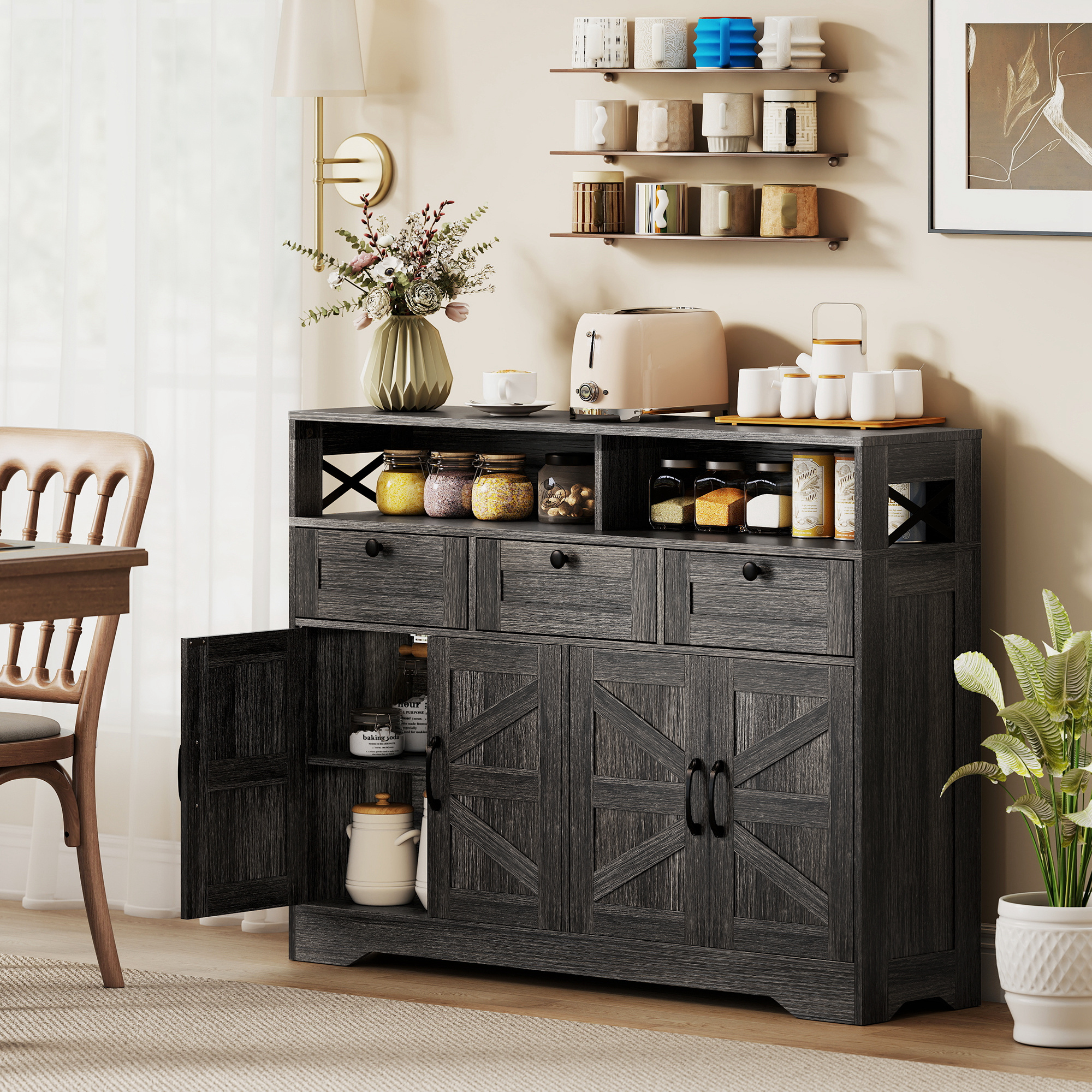HOMCOM Sideboard, Buffet Cabinet with 4 Barn Doors and 3 Drawers, Coffee Bar Cabinet with Adjustable Shelves, Dark Brown Aosom Canada